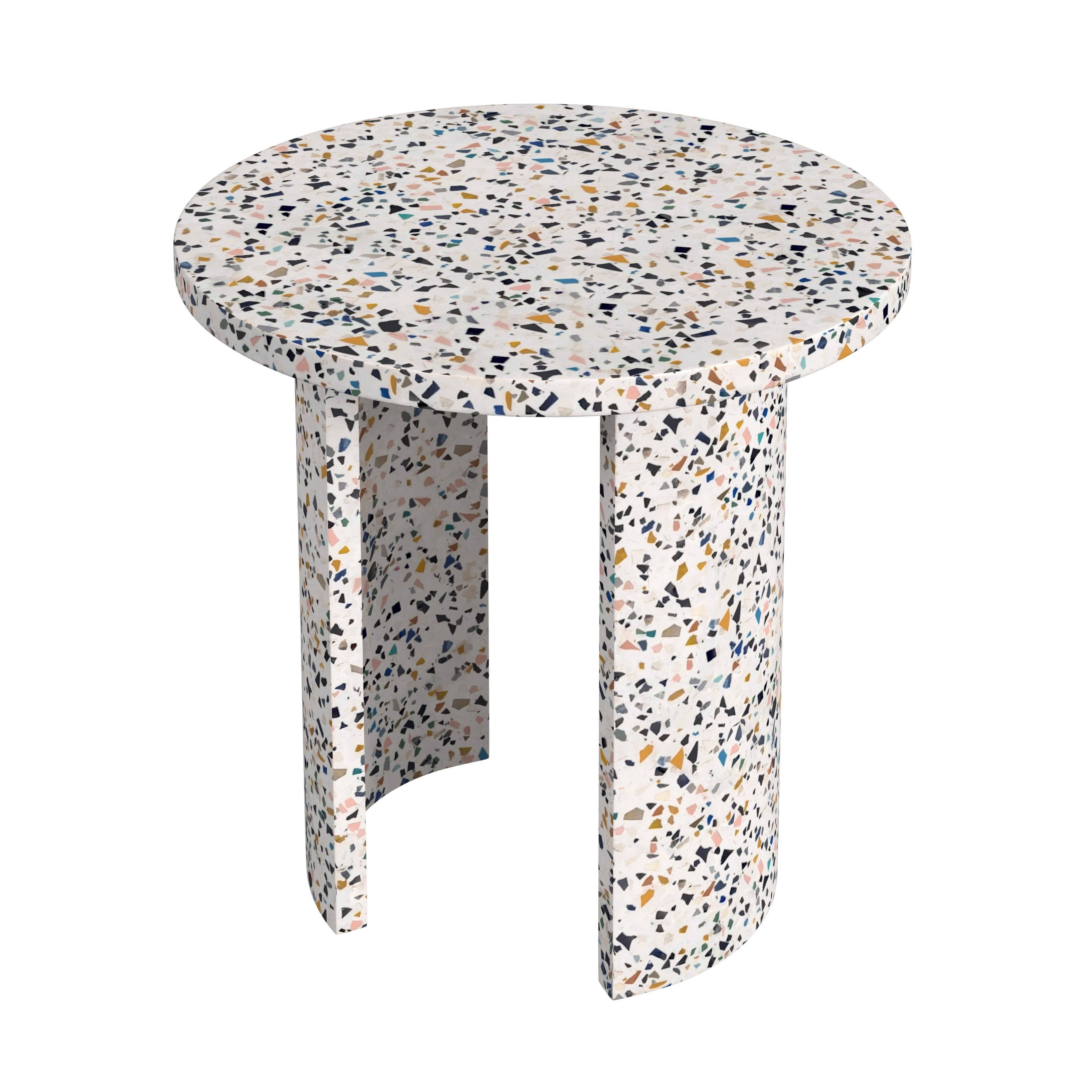 White Terrazzo Round Outdoor Side Table with Crescent Legs