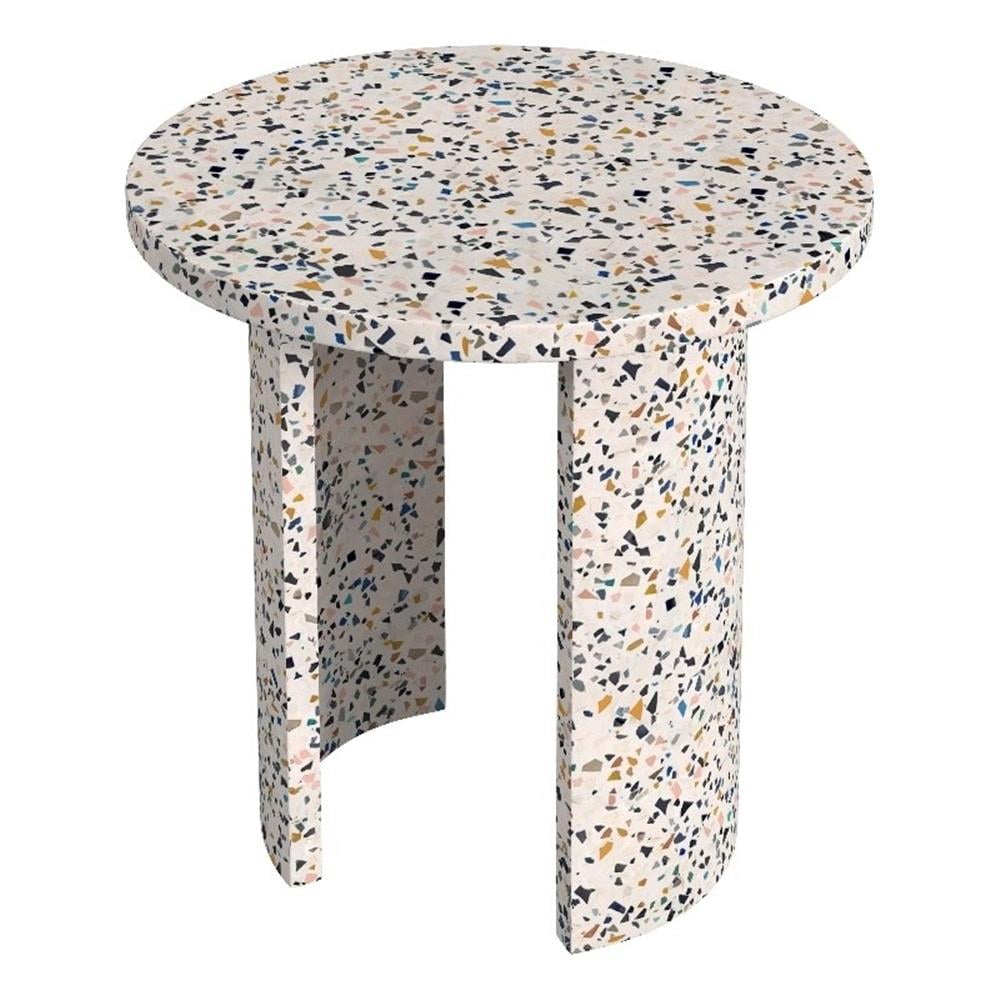 White Terrazzo Round Outdoor Side Table with Crescent Legs