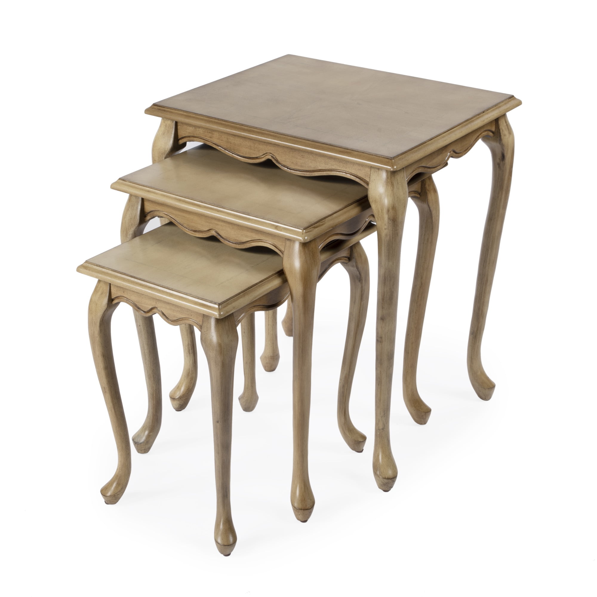 Antique Beige Wood Nesting Tables with Cherry Veneer Inlay