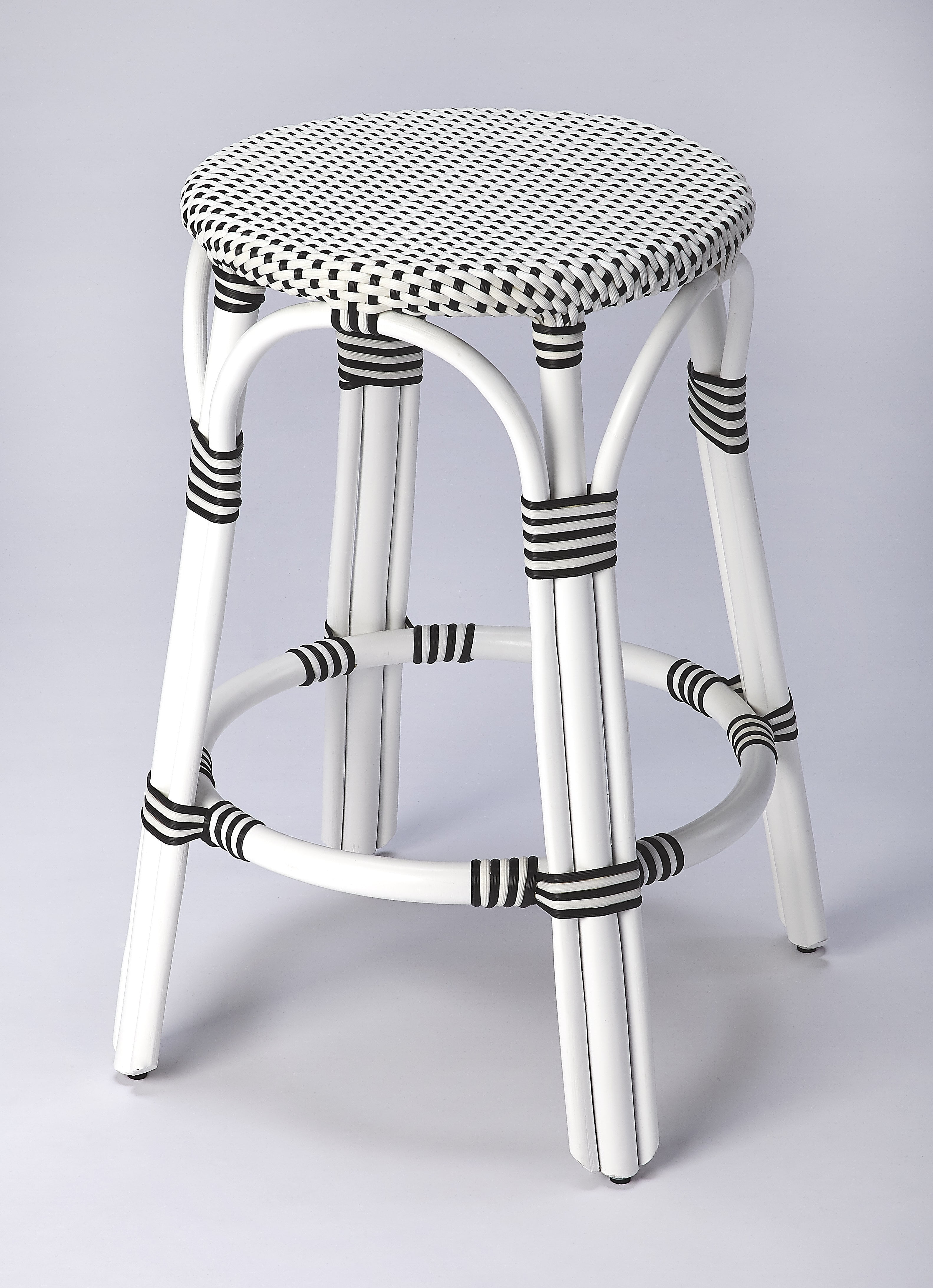 Coastal Boho Chic White & Black Dot Rattan Counter Stool
