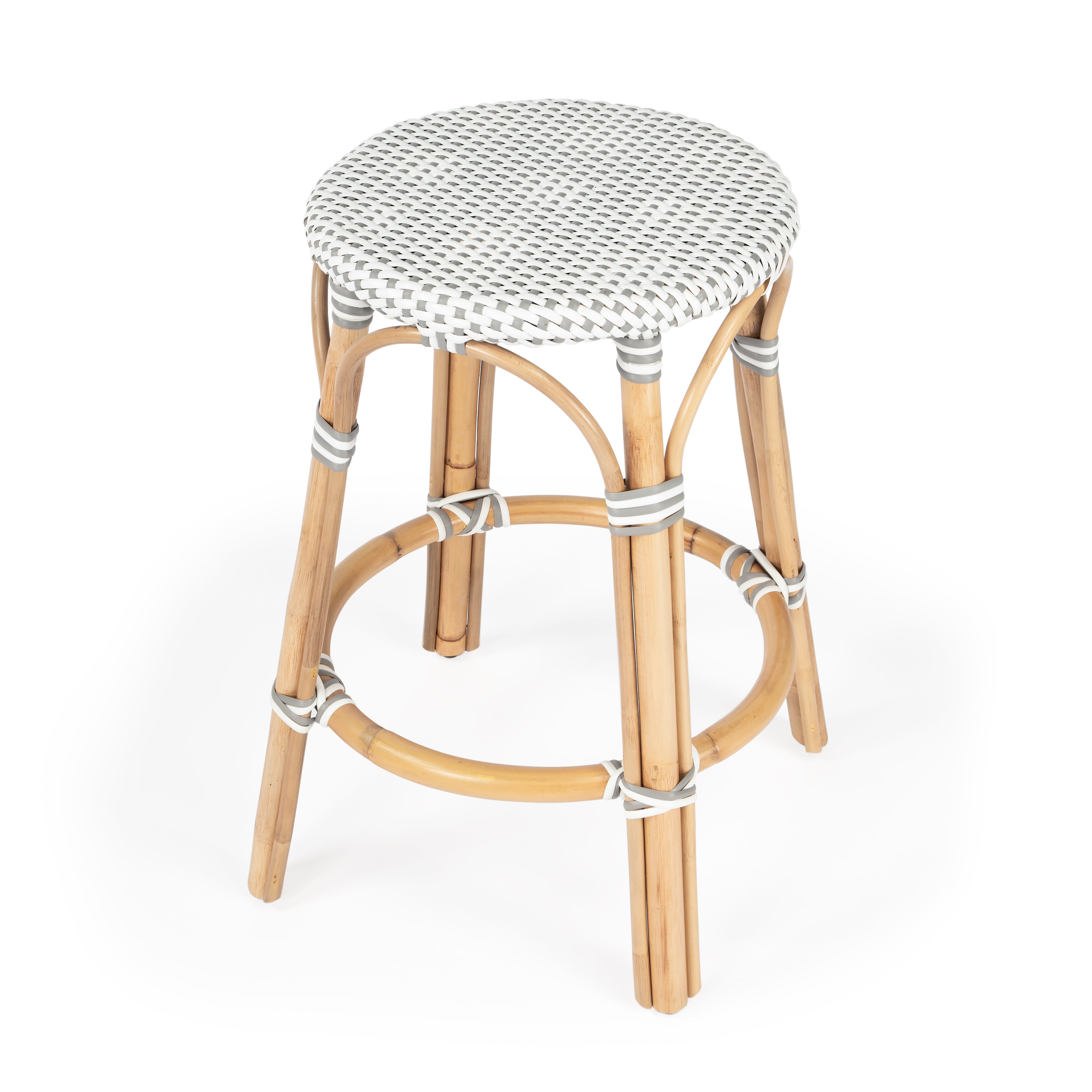 Gray and White Rattan Backless Counter Stool