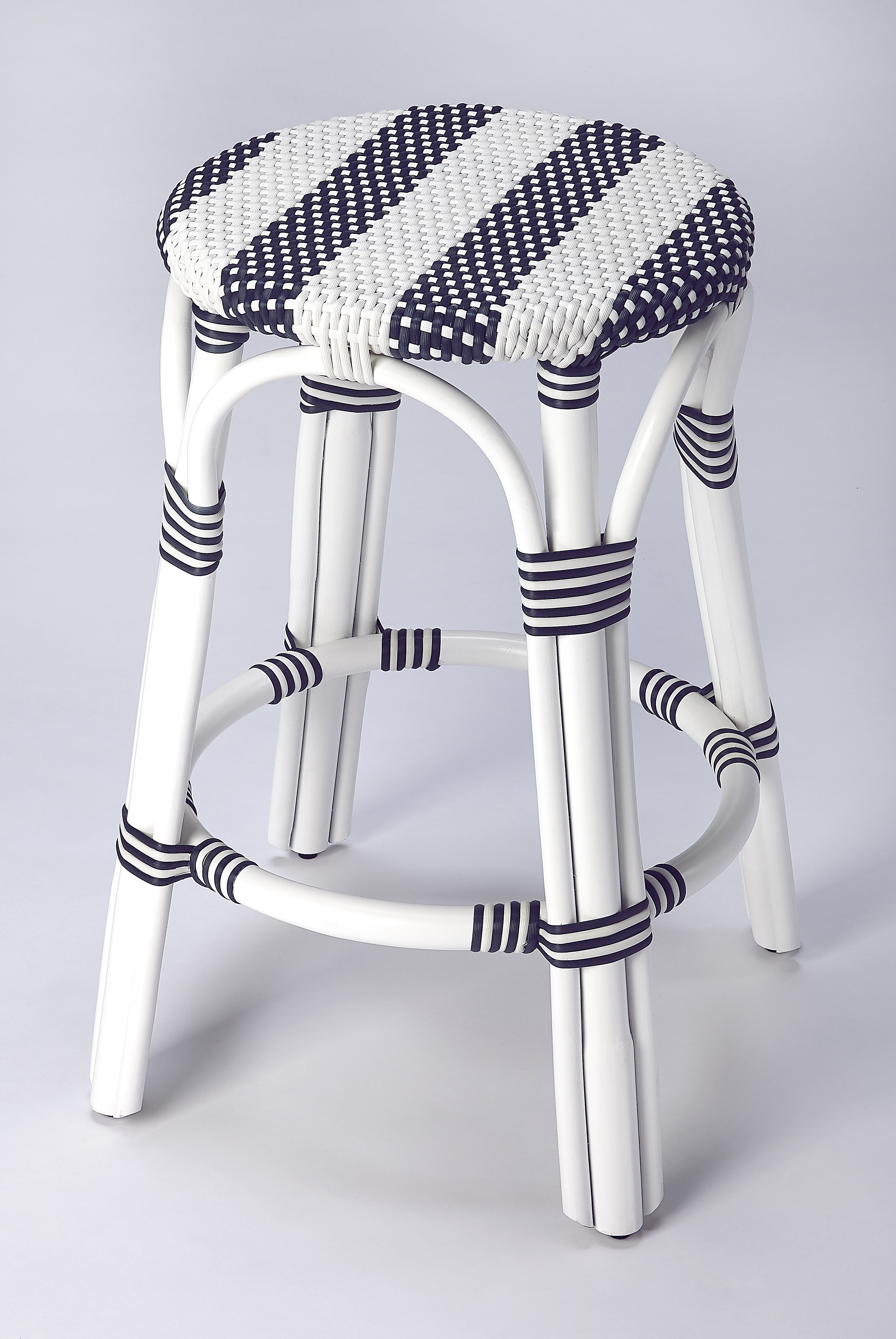Coastal Elegance White & Navy Stripe Rattan Counter Stool
