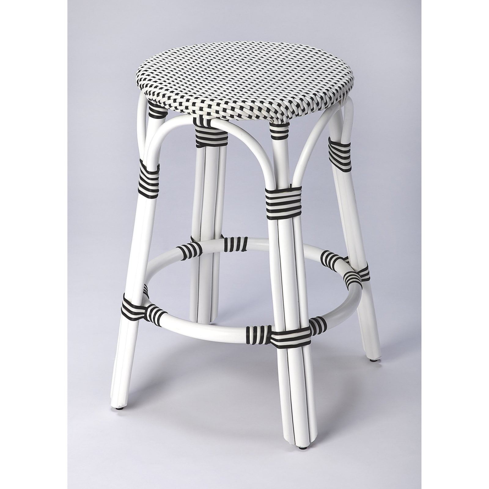 Coastal Boho Chic White & Black Dot Rattan Counter Stool