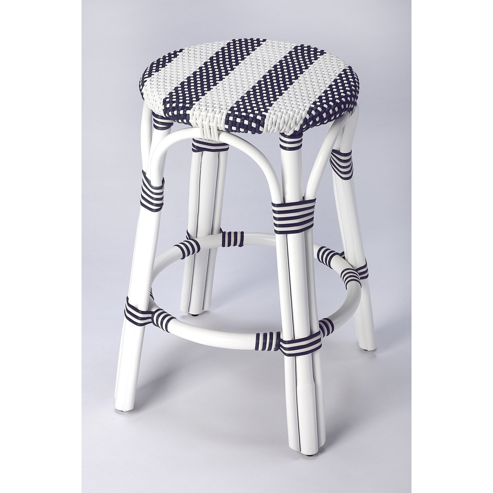 Coastal Elegance White & Navy Stripe Rattan Counter Stool