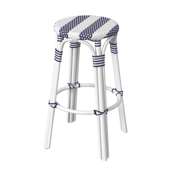 Butler Specialty Company Tobias Round Rattan 30" Bar Stool - White & Navy Stripe