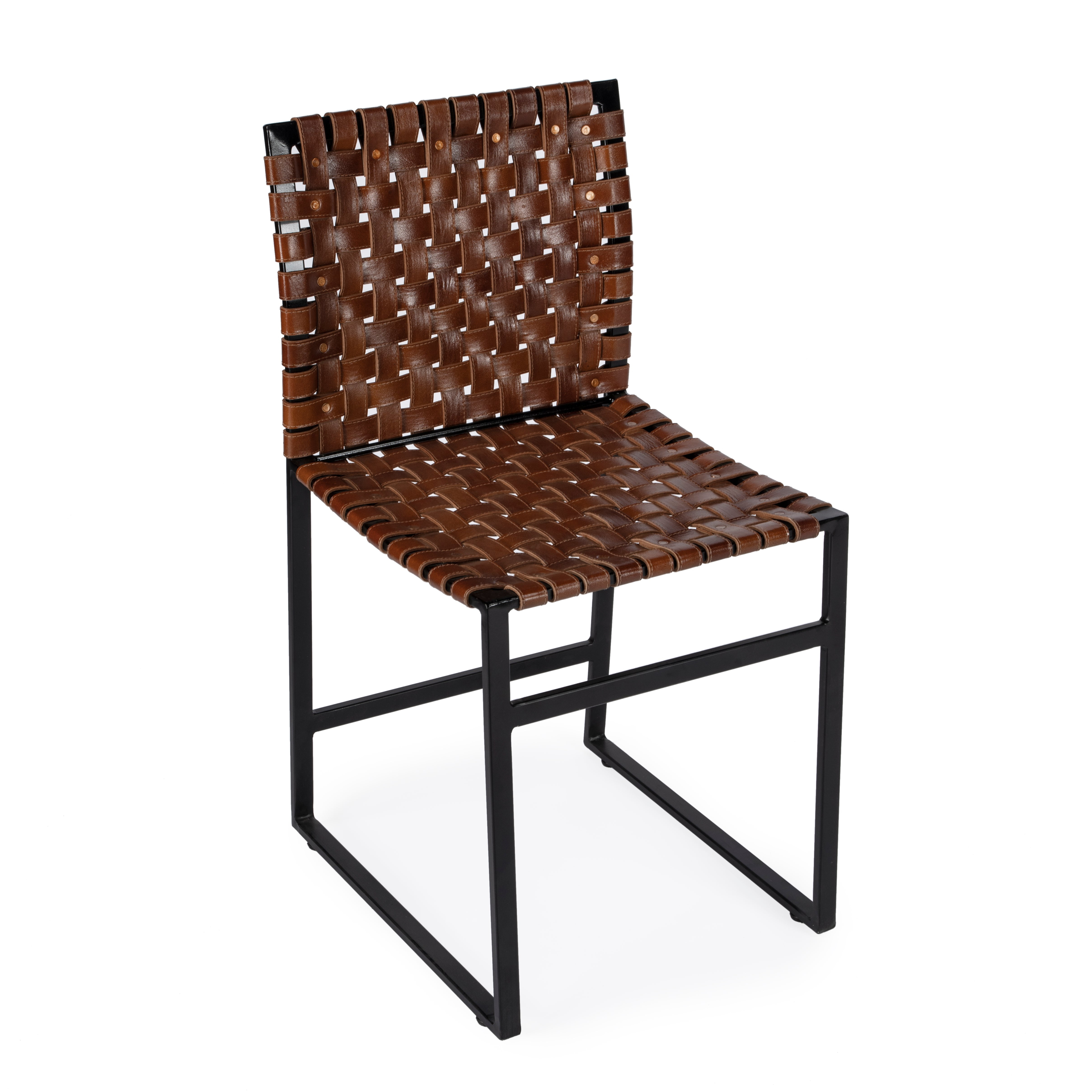 Urban Rustic Black Iron Base Genuine Leather Side Chair