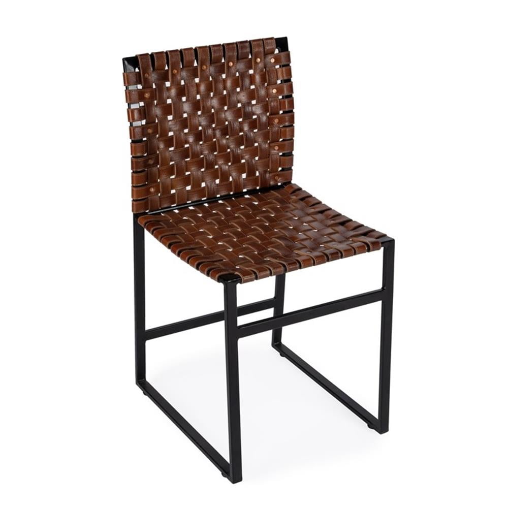 Urban Rustic Black Iron Base Genuine Leather Side Chair