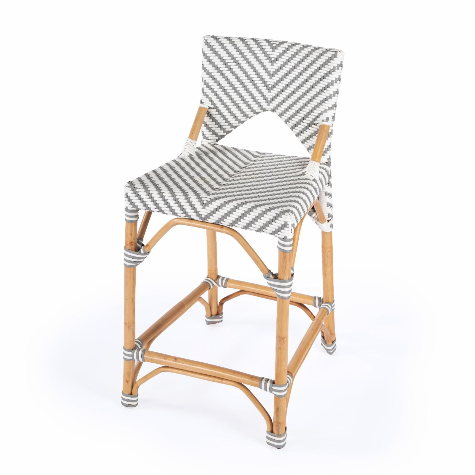 Parisian Arrow Weave Gray and White Rattan Counter Stool