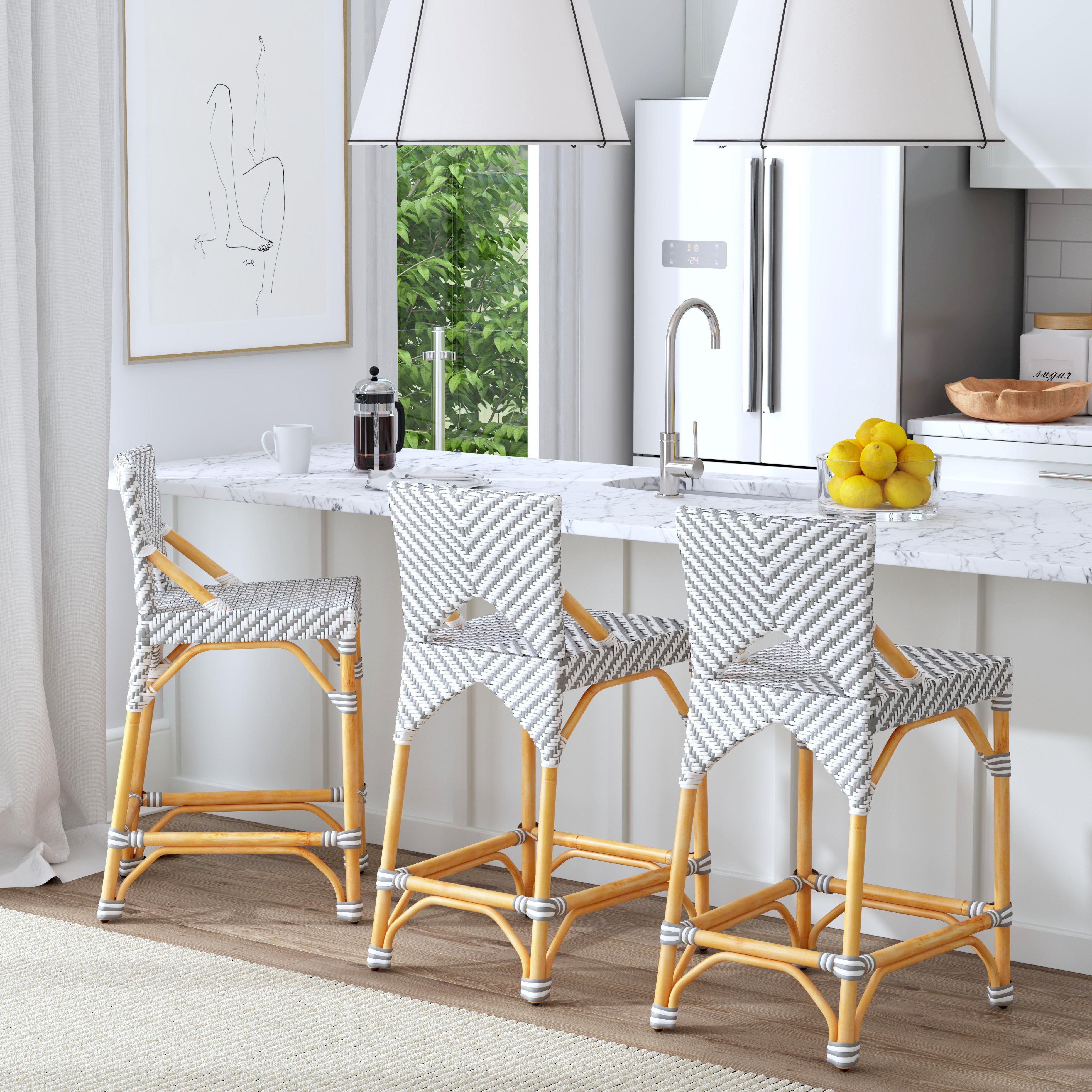 Parisian Arrow Weave Gray and White Rattan Counter Stool