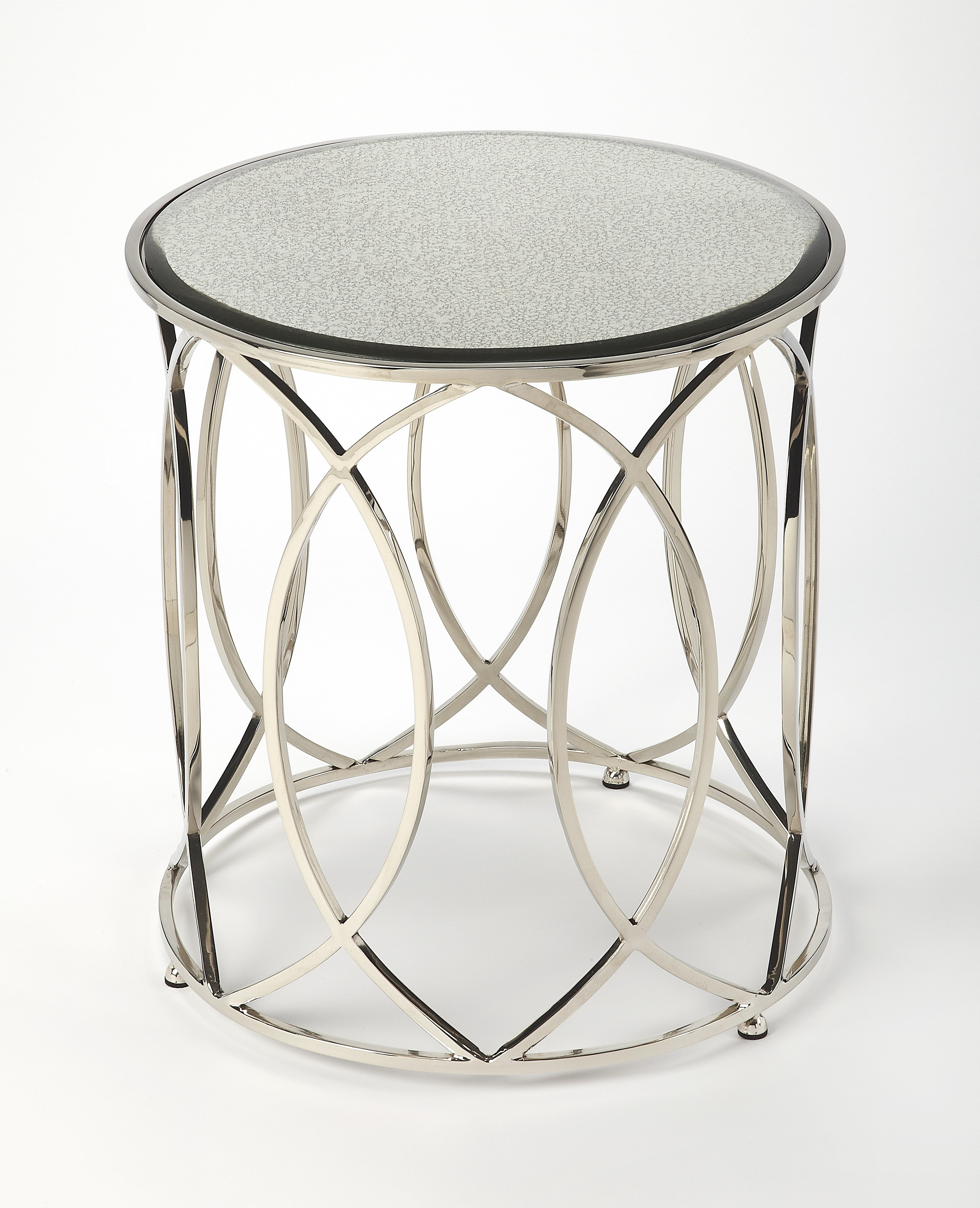 Interlaced Oval Rings Round Mirrored End Table in Polished Nickel