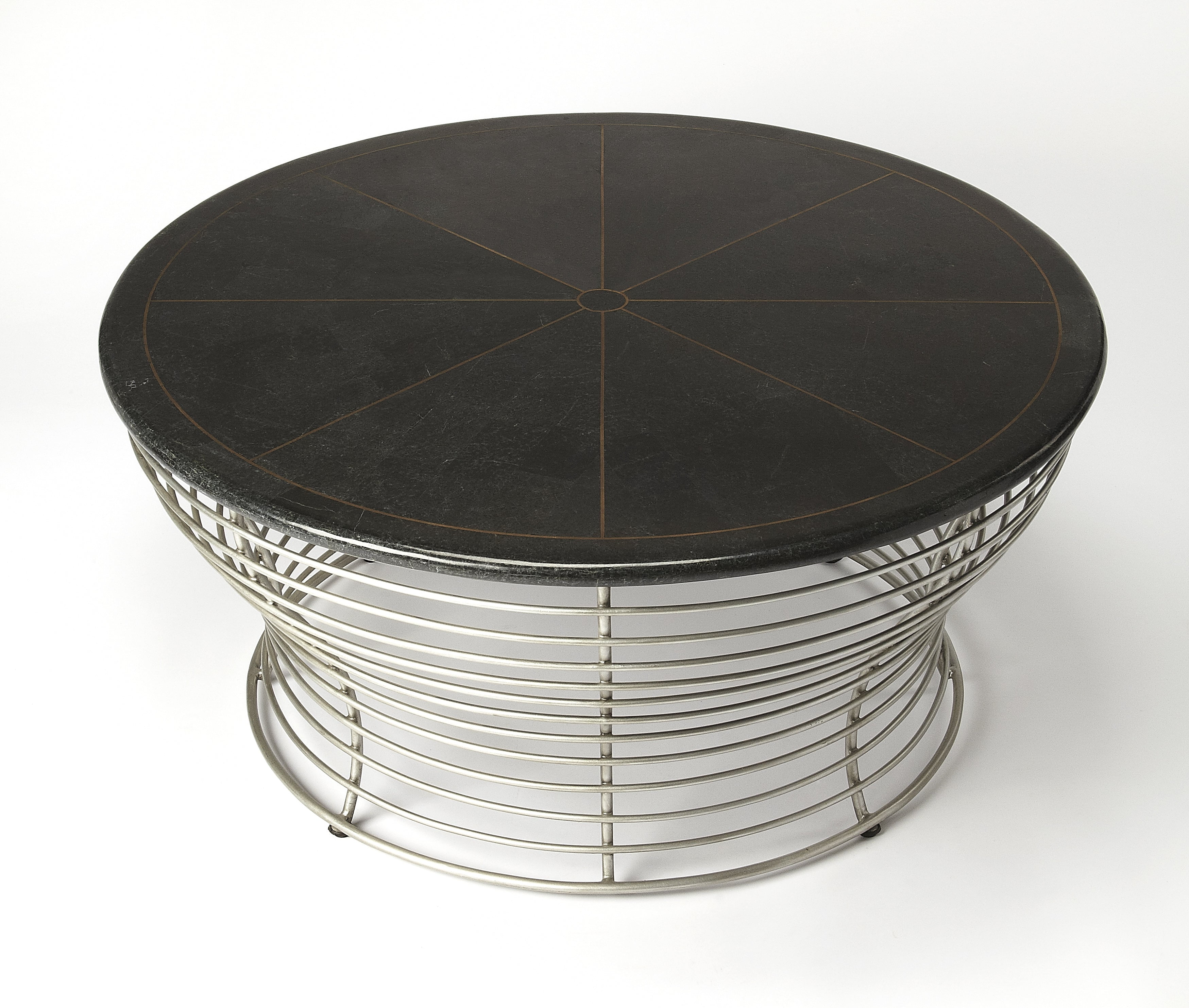 Triangular Black Fossil Stone & Silver Metal Coffee Table