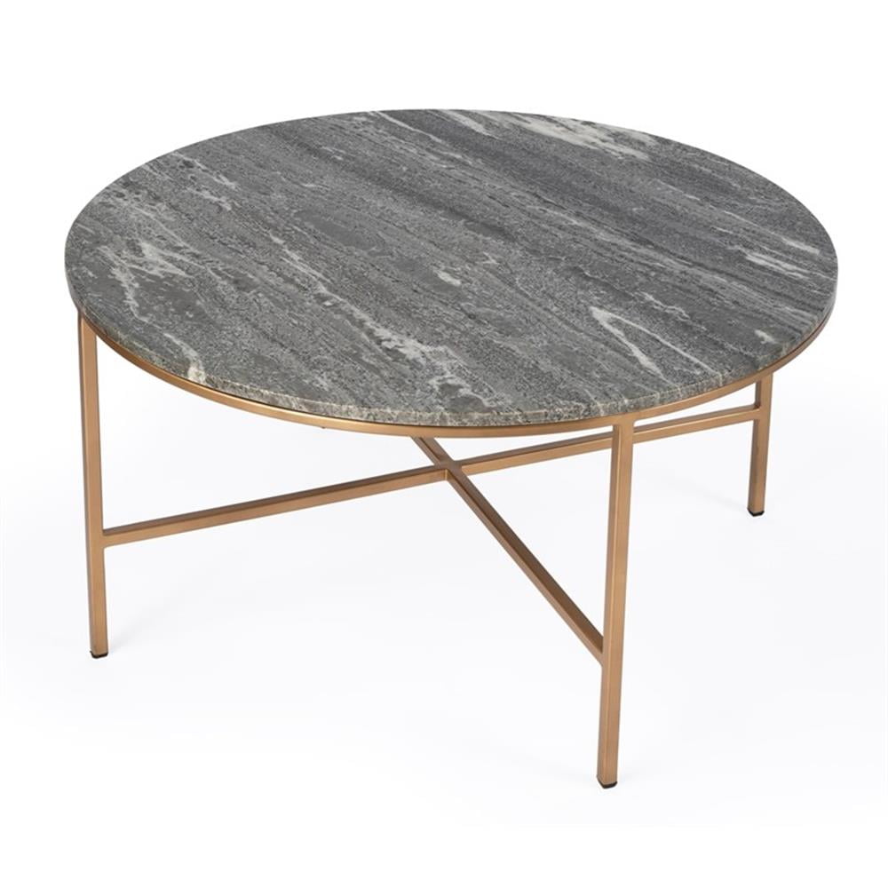 Contemporary Gold Iron & Gray Marble Round Coffee Table