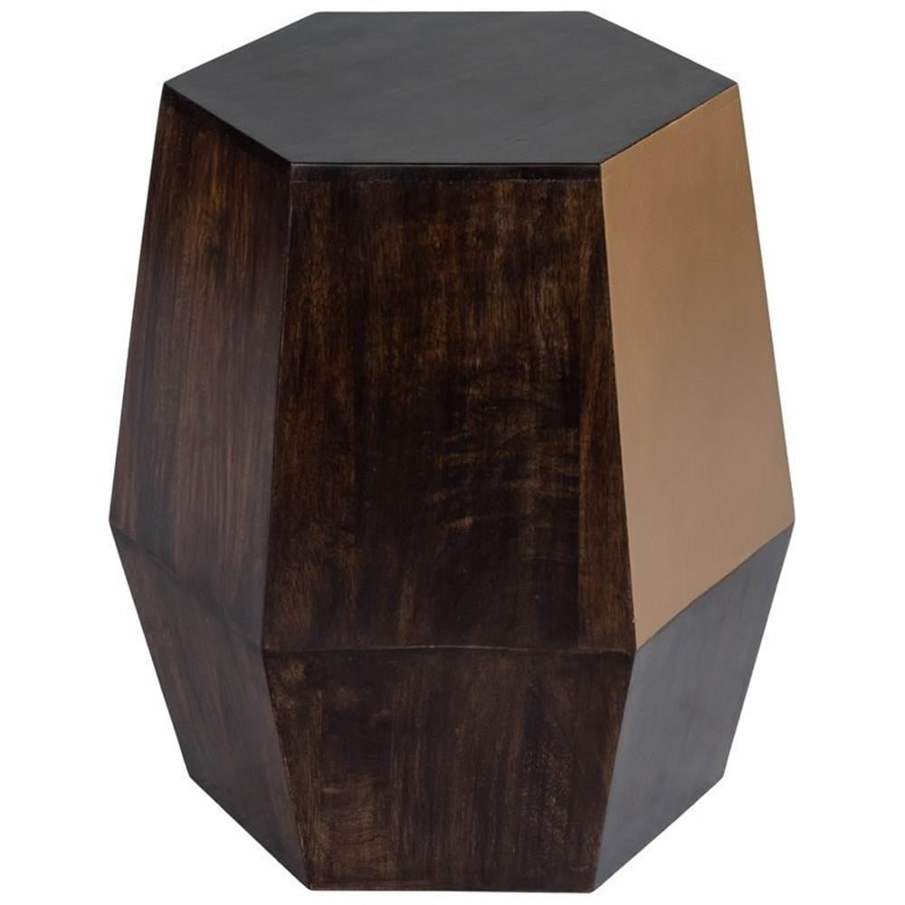 Round Dark Brown Wood and Gold Metal Accent Table