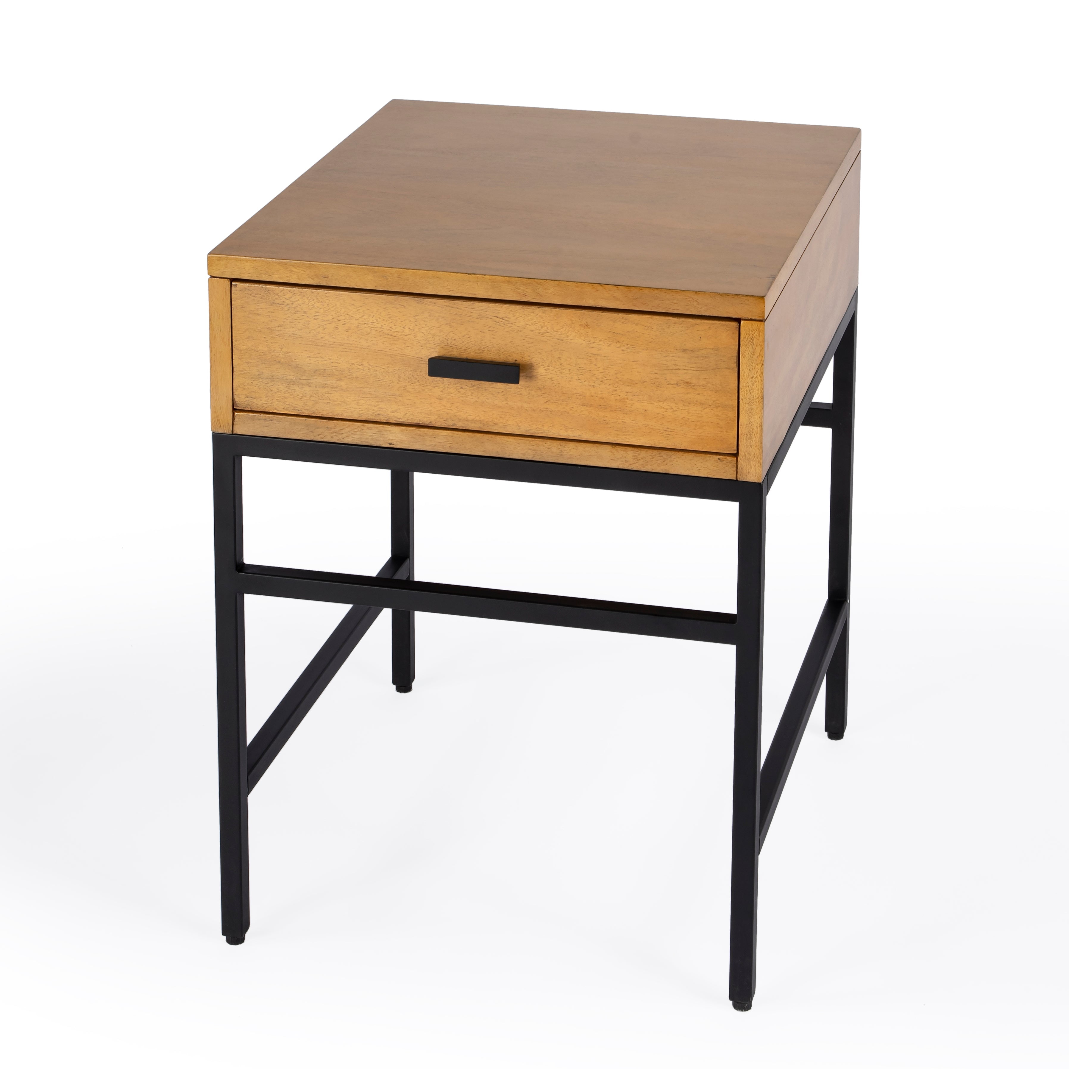 Natural Wood and Black Iron End Table with Drawer