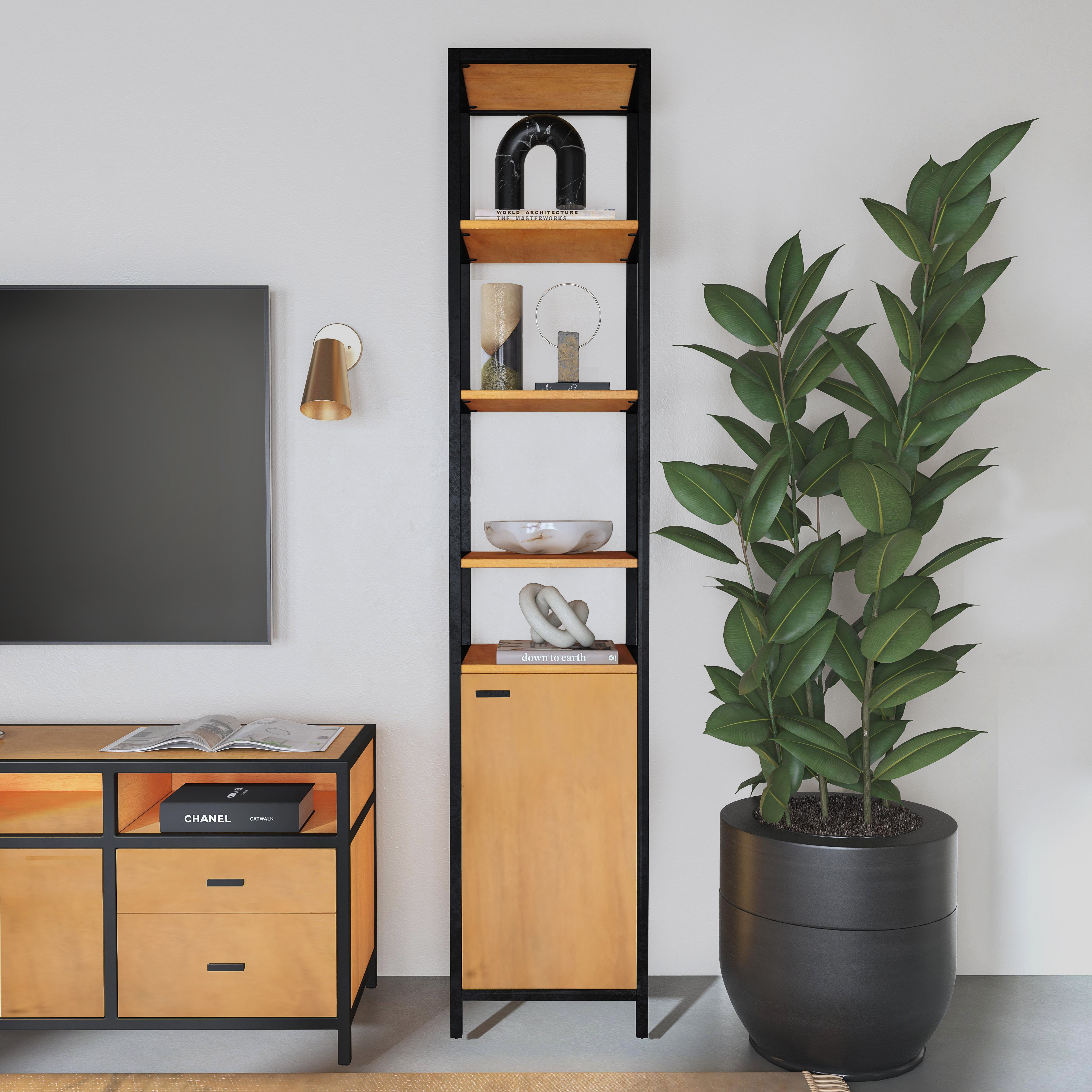 Hans Narrow Black and Natural Wood 84" Etagere Bookcase with Iron Frame