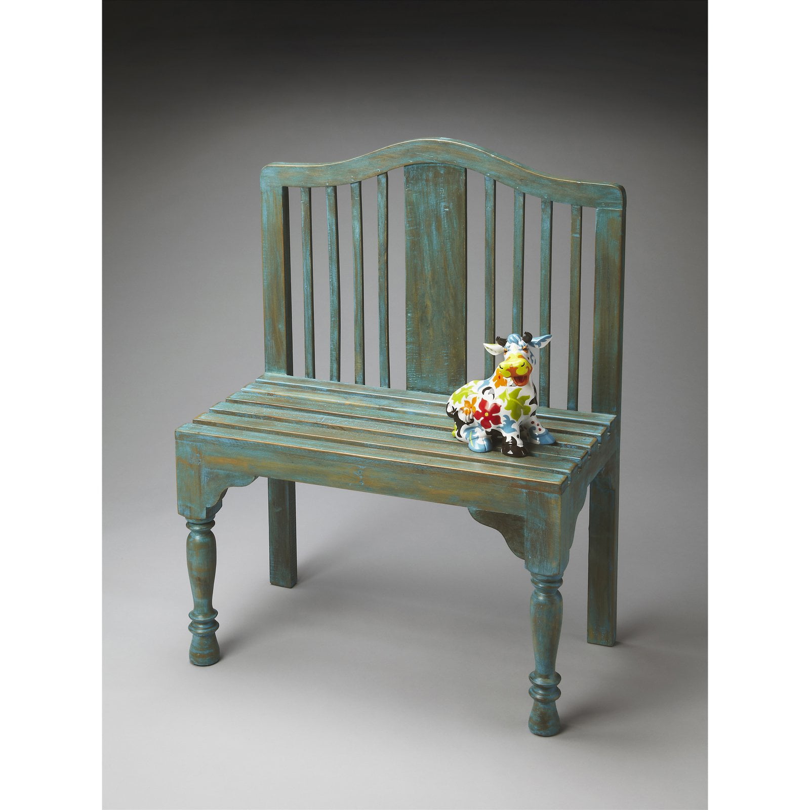 Antique Blue Solid Wood Slatted Back Bench
