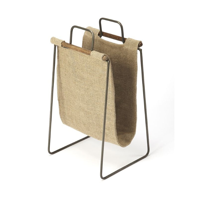 Beige Burlap and Iron Magazine Basket with Handles
