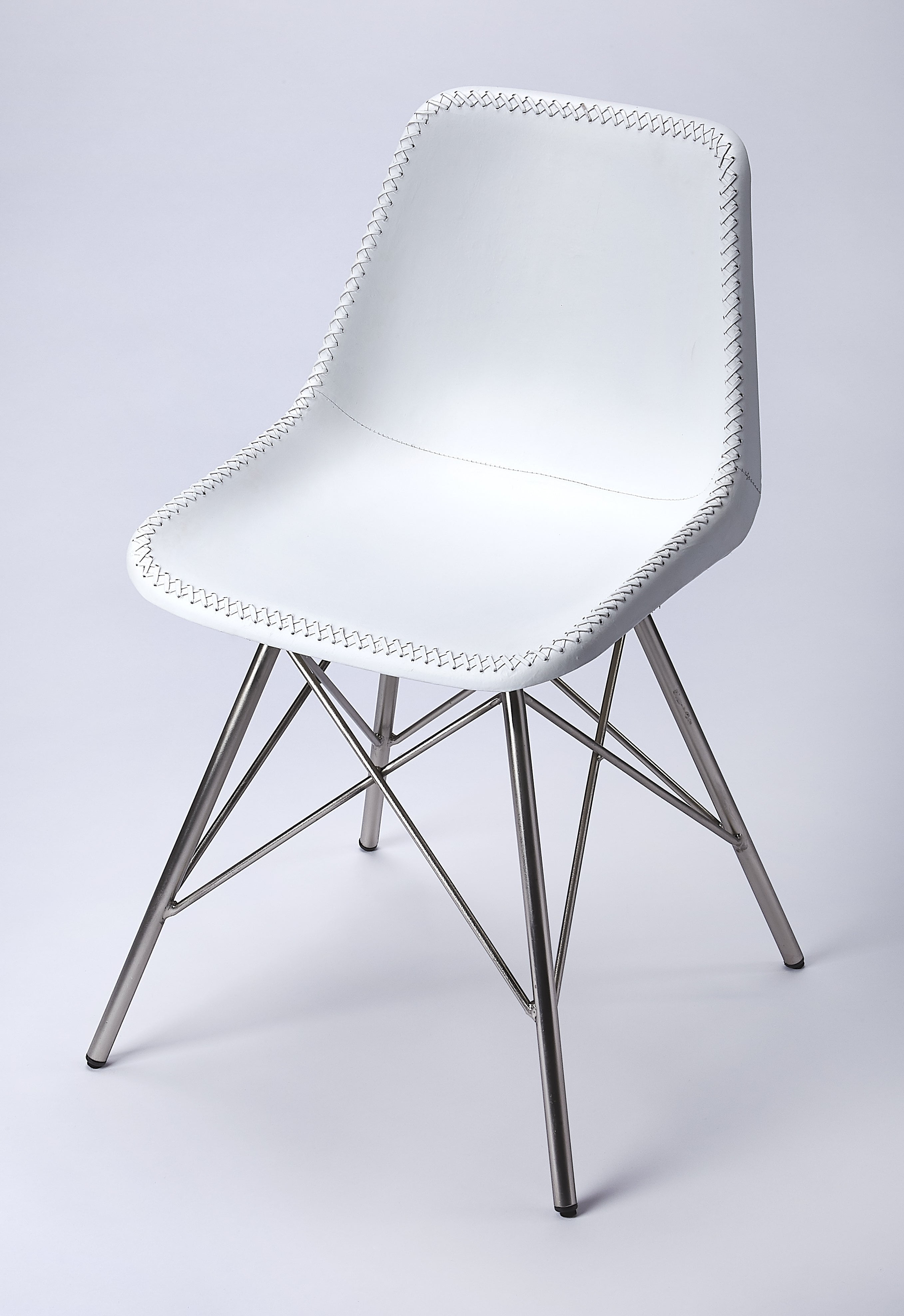 White Leather Mid-Century Modern Side Chair with Iron Legs