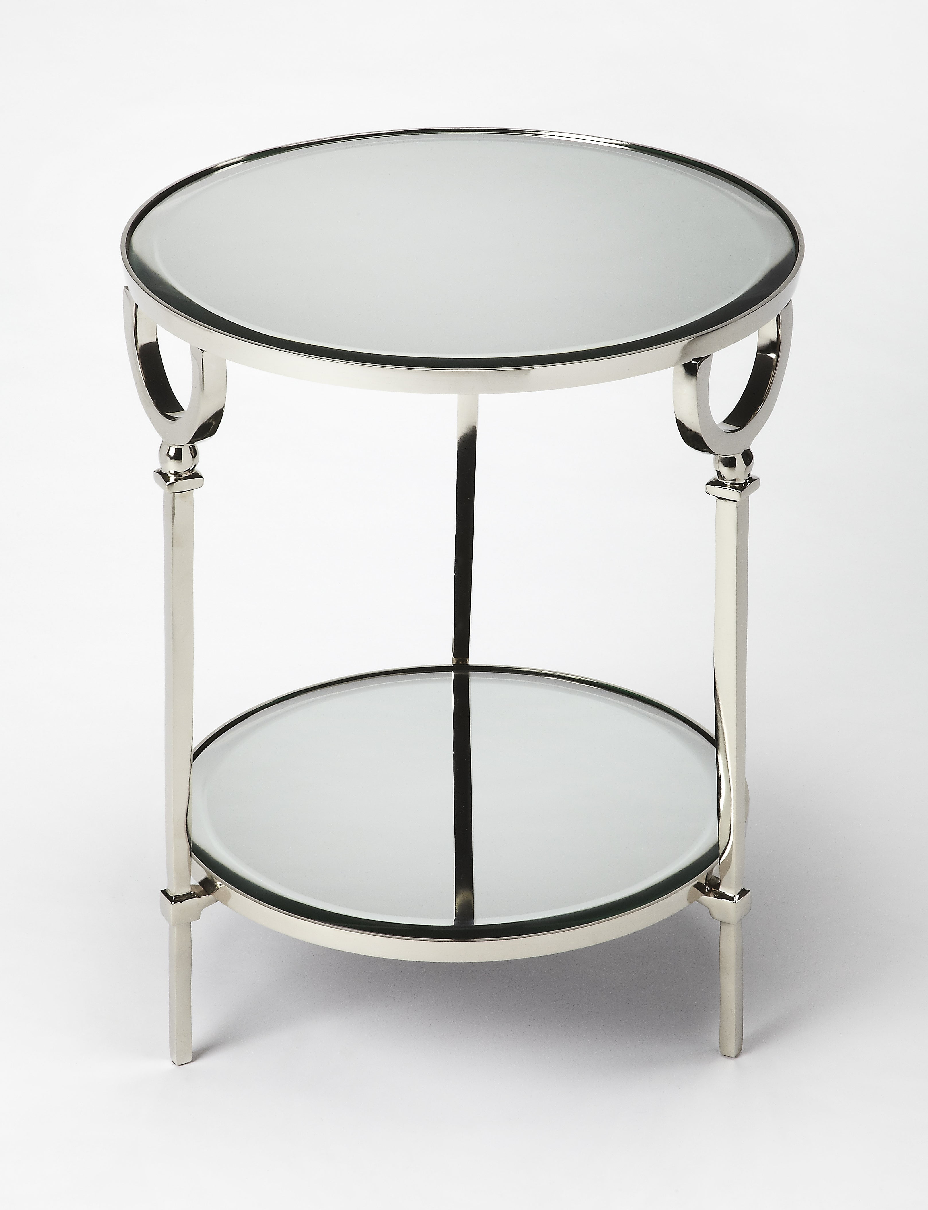 Jolene Polished Silver Round Metal & Glass Mirrored End Table