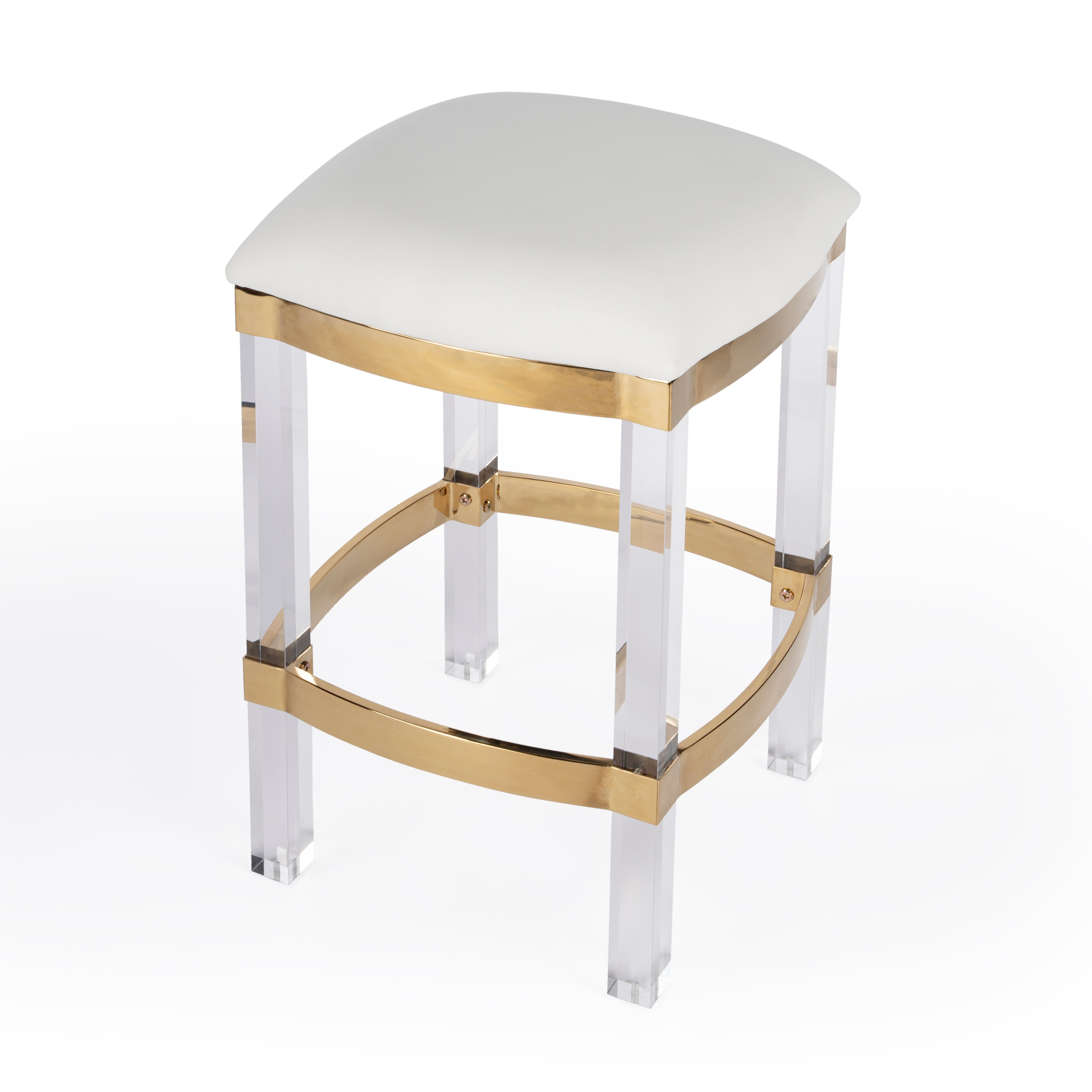 White Acrylic and Leather 24" Counter Stool with Gold Trim