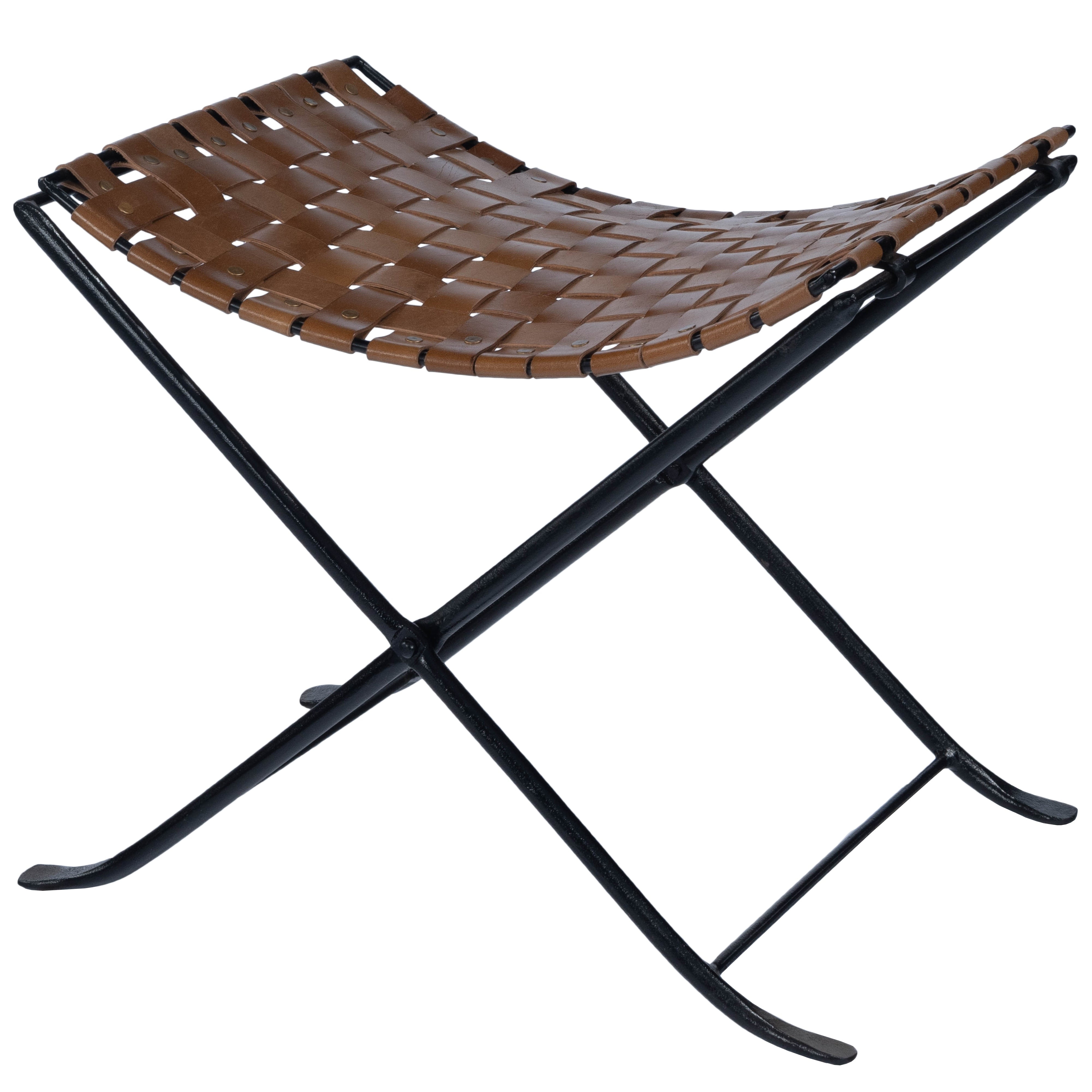 Rustic Charm Black Iron and Brown Leather Stool with Nailhead Trim