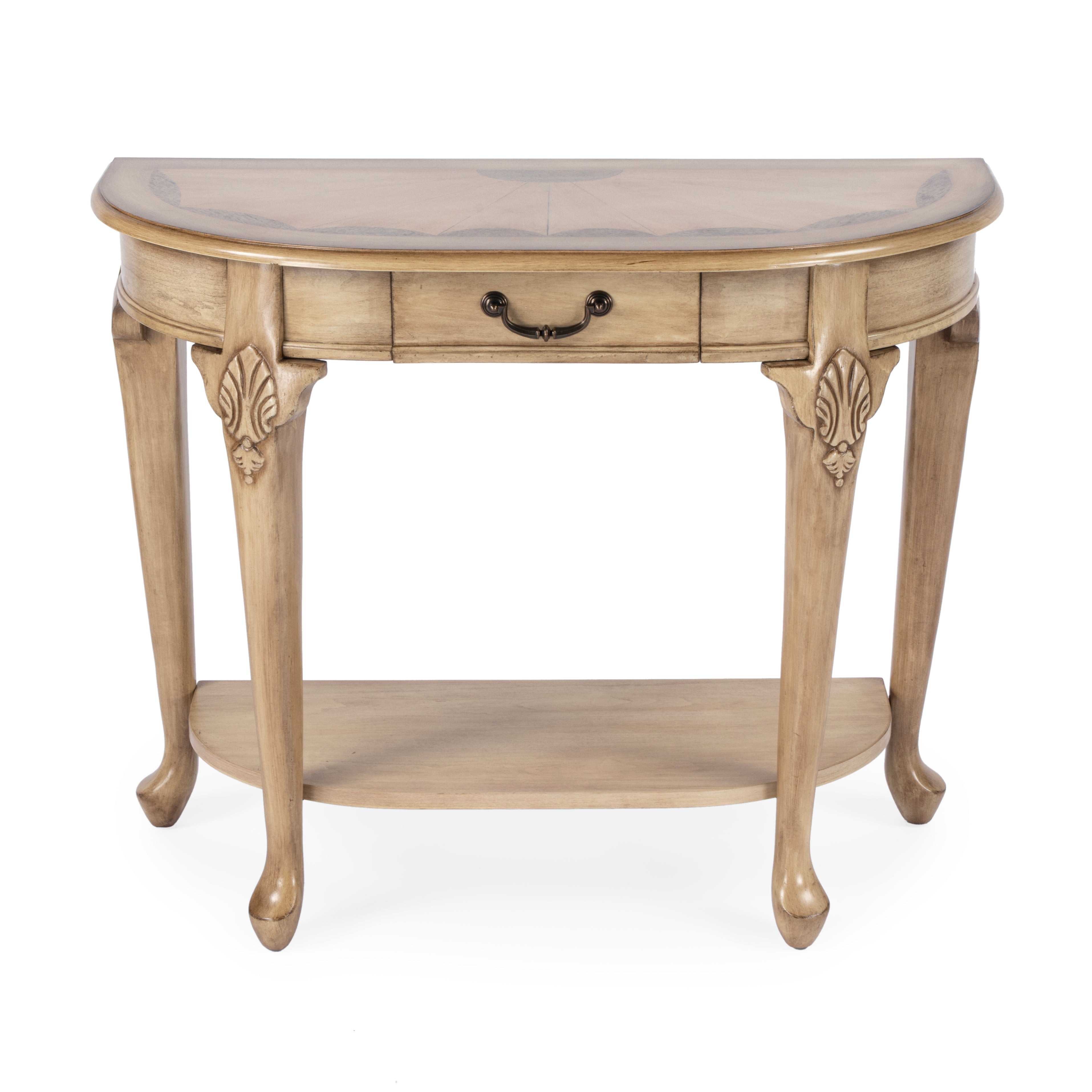 Antique Beige Traditional Demilune Wood Console Table with Drawer