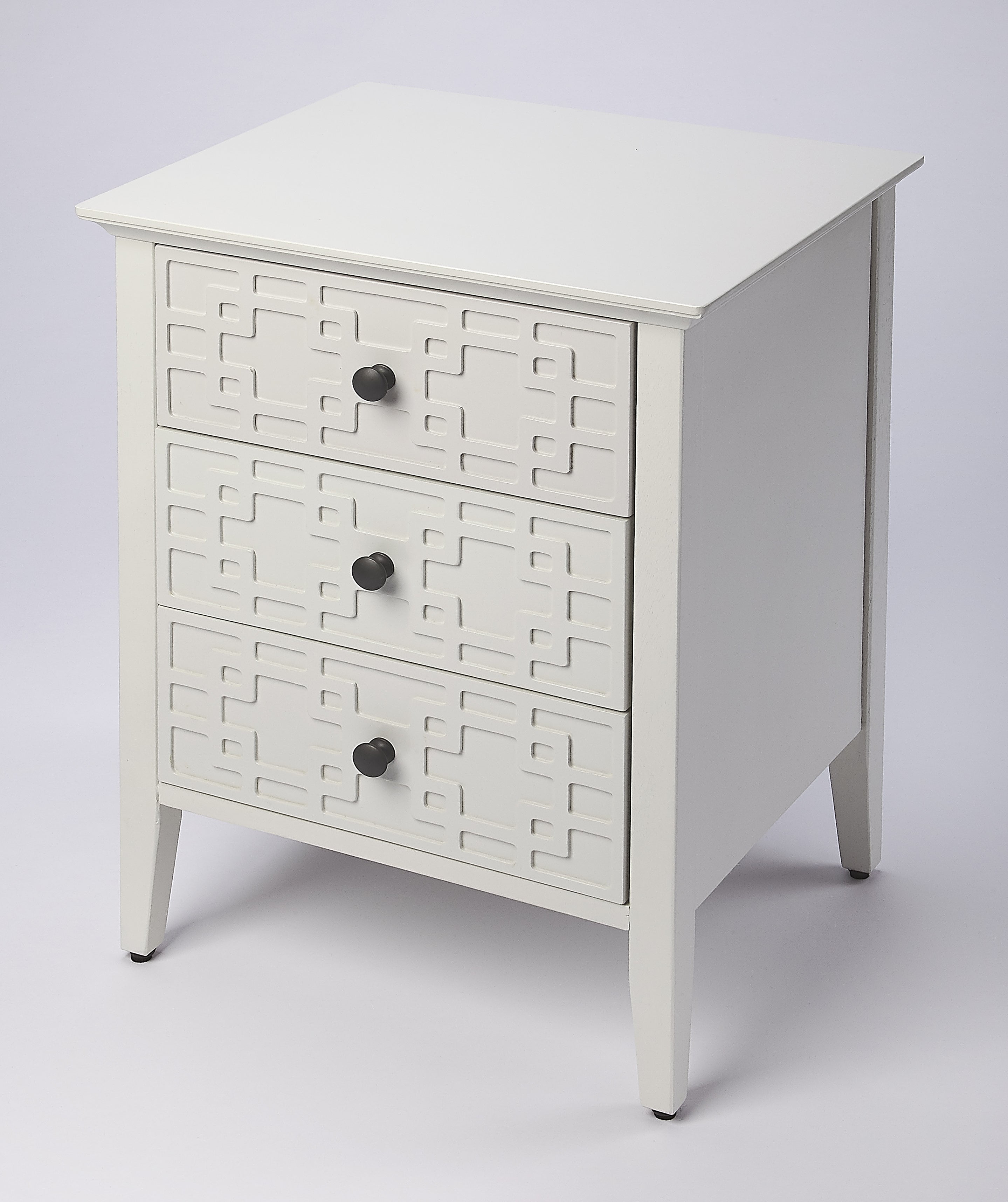 Glossy White Bayur Wood 3-Drawer Geometric Accent Chest