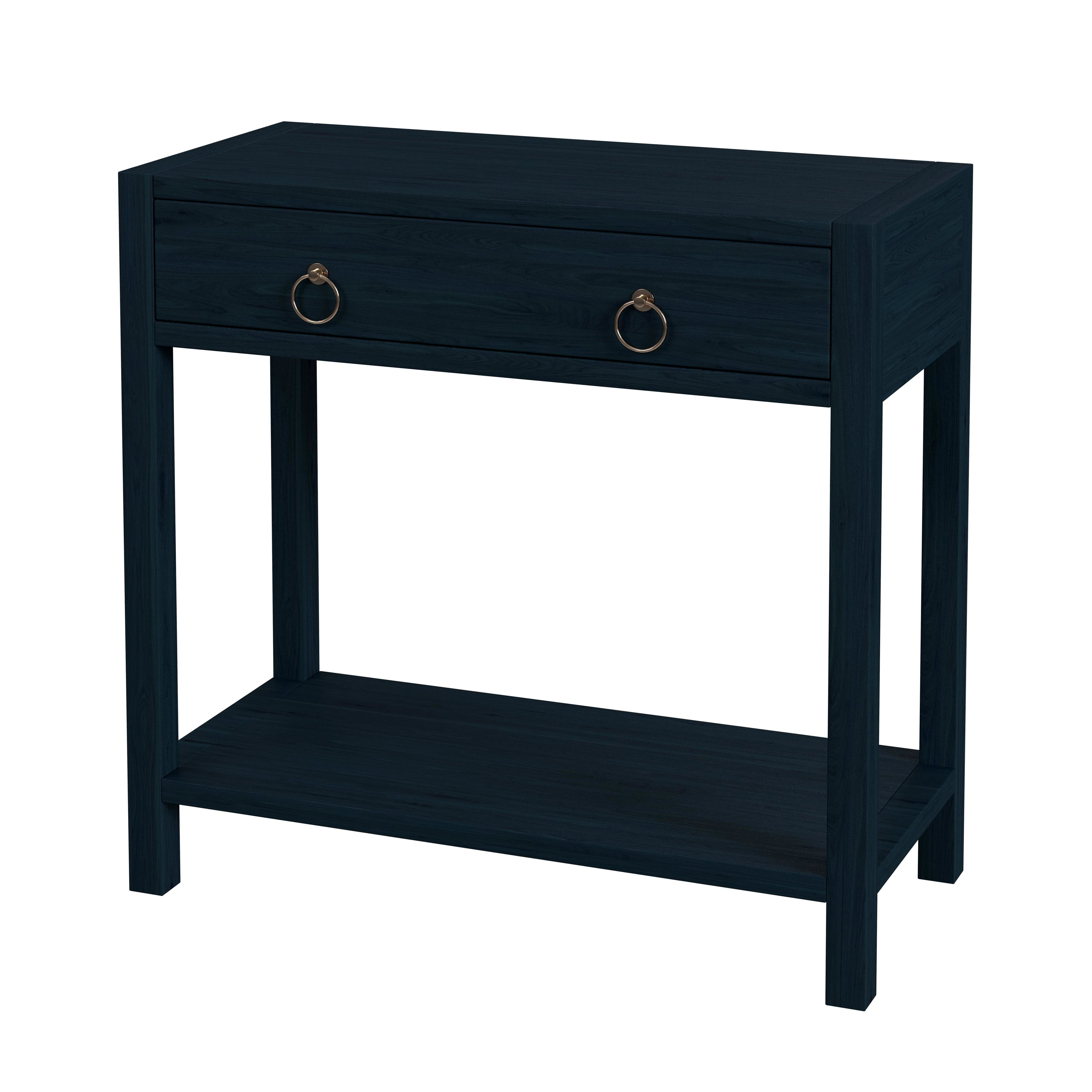 Navy Blue Acacia Wood 1-Drawer Nightstand with Gold Hardware