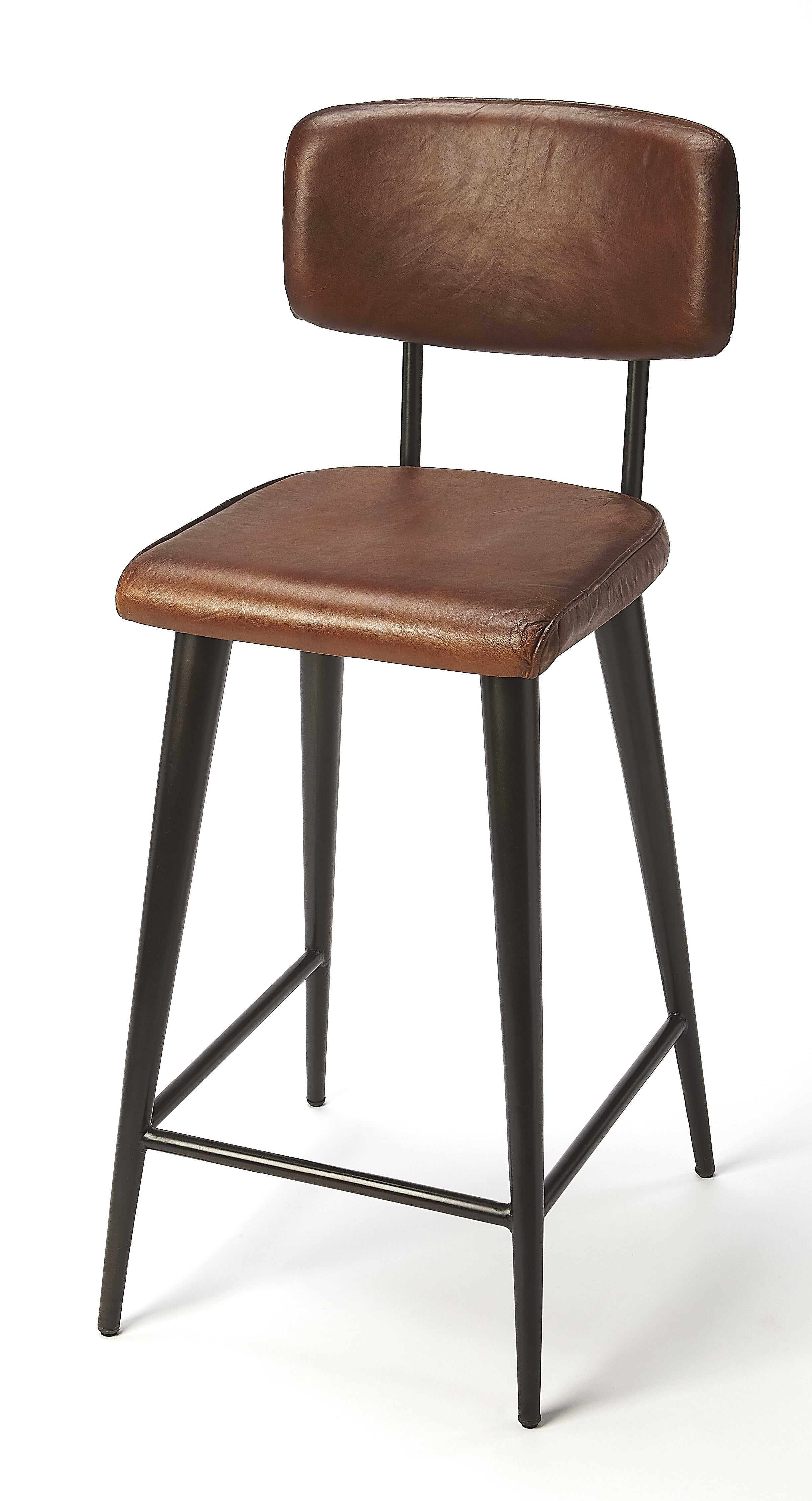 Dark Brown Leather and Metal Saddle Bar Stool