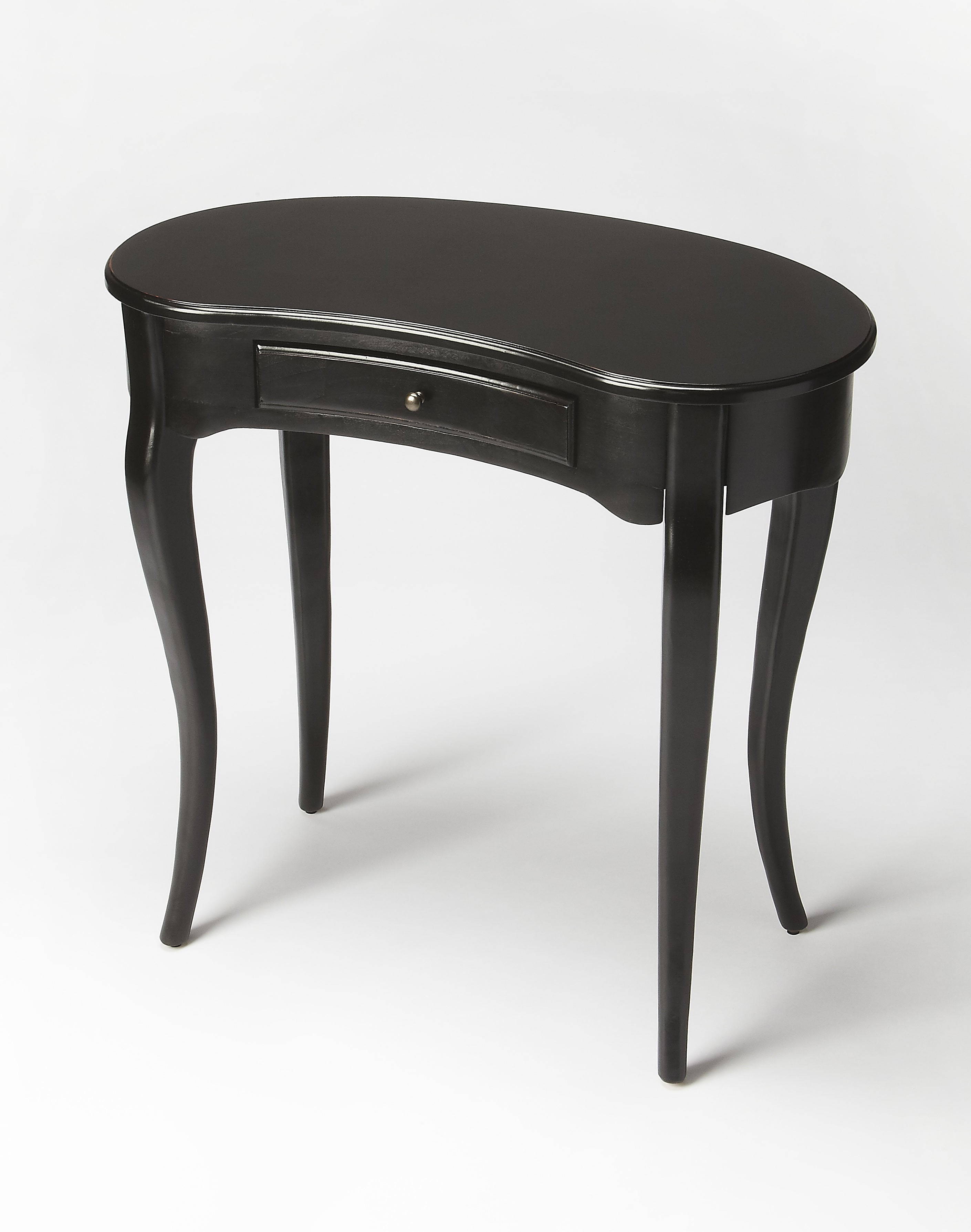 Elegant Crescent Black Licorice Writing Desk with Brass Accents