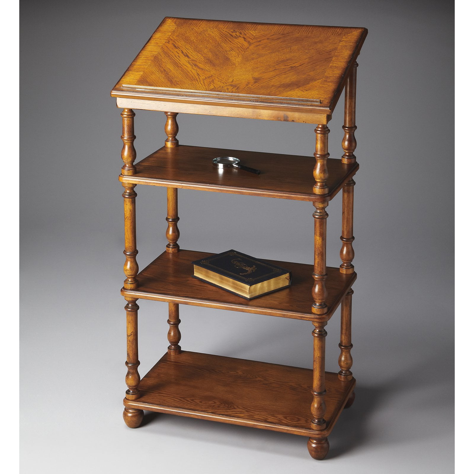 Medium Brown Oak and Poplar Library Stand with Adjustable Shelves