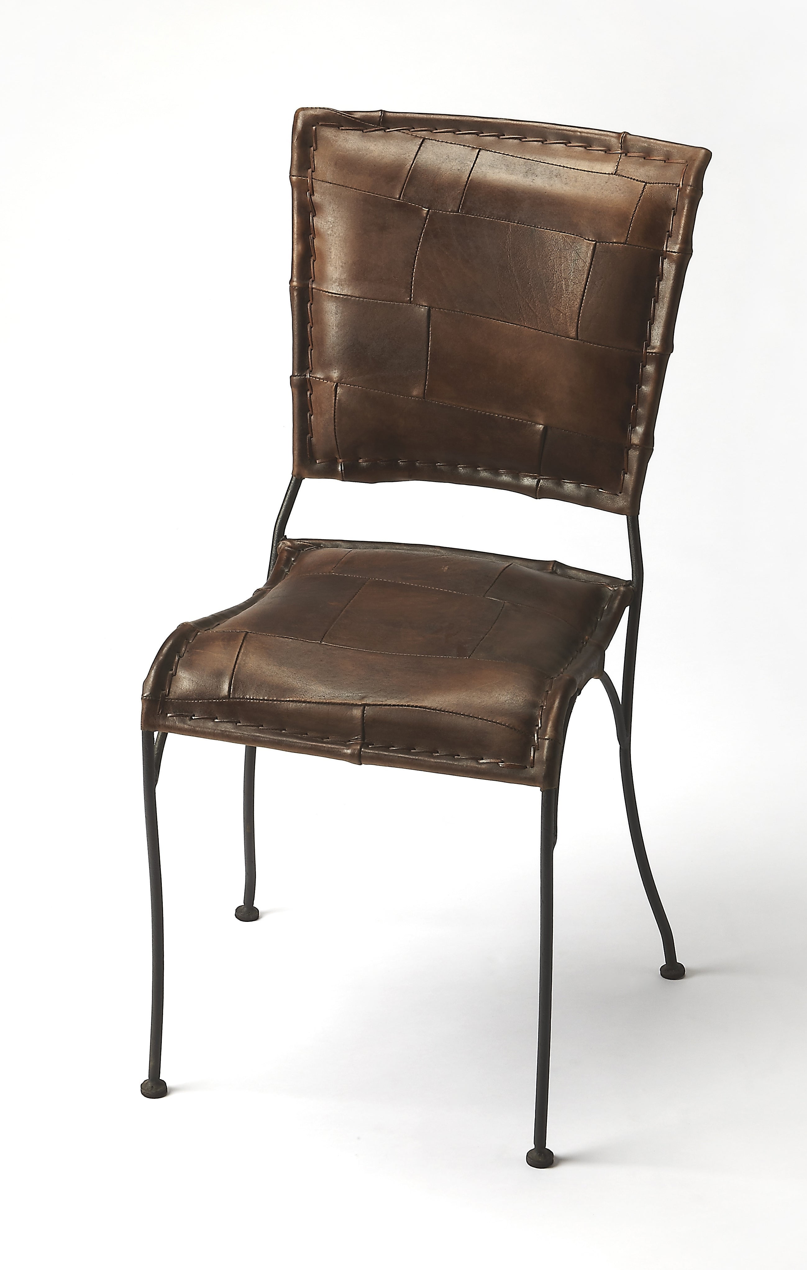 Asymmetrical Brown Leather and Iron Side Chair with Top Stitched Accents