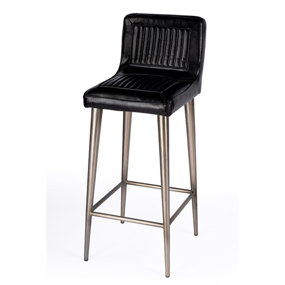 Vintage-Inspired Supple Black Leather Bar Stool with Iron Frame