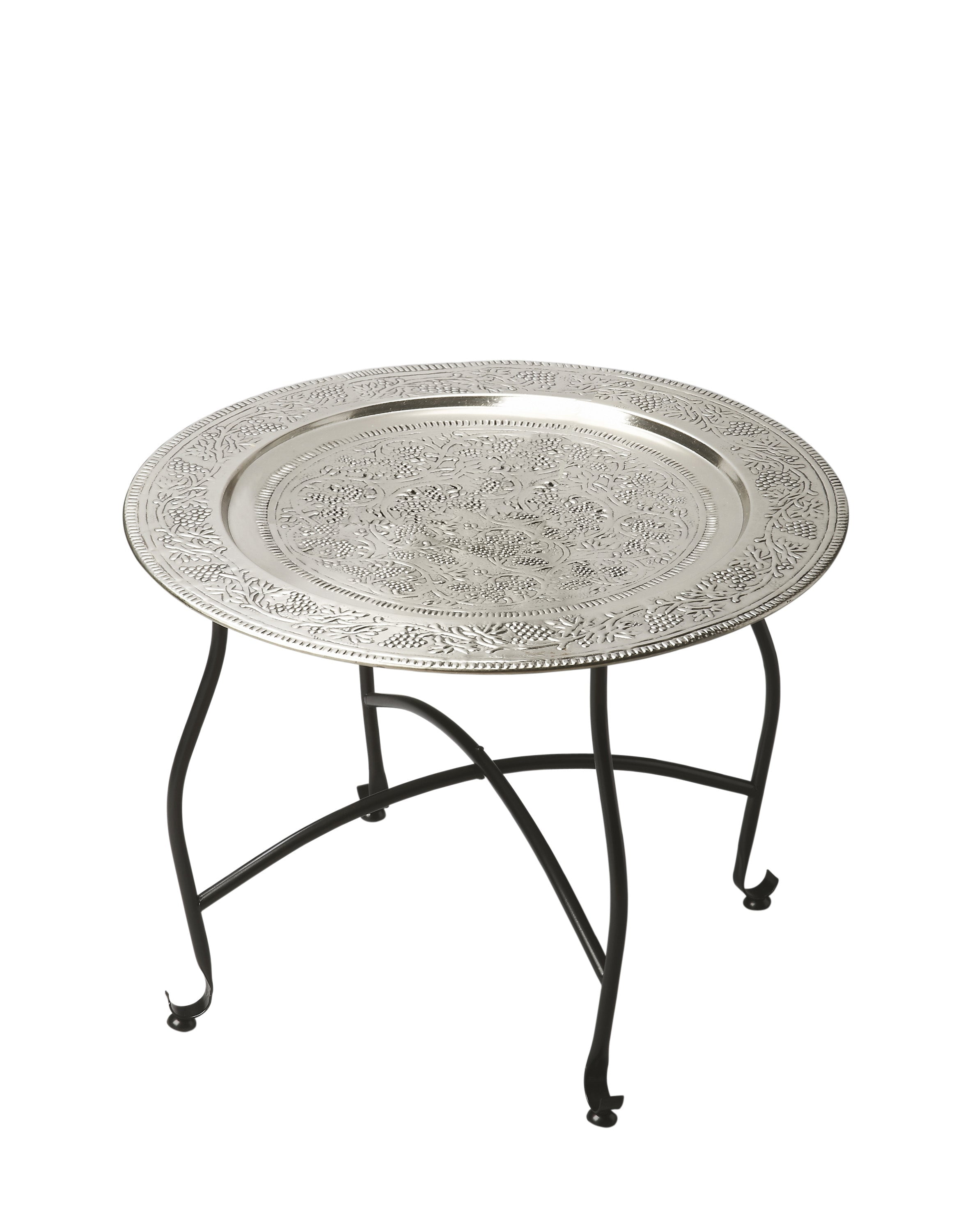 Moroccan Vineyard-Inspired Round Aluminum Tray Table in Silver and Black