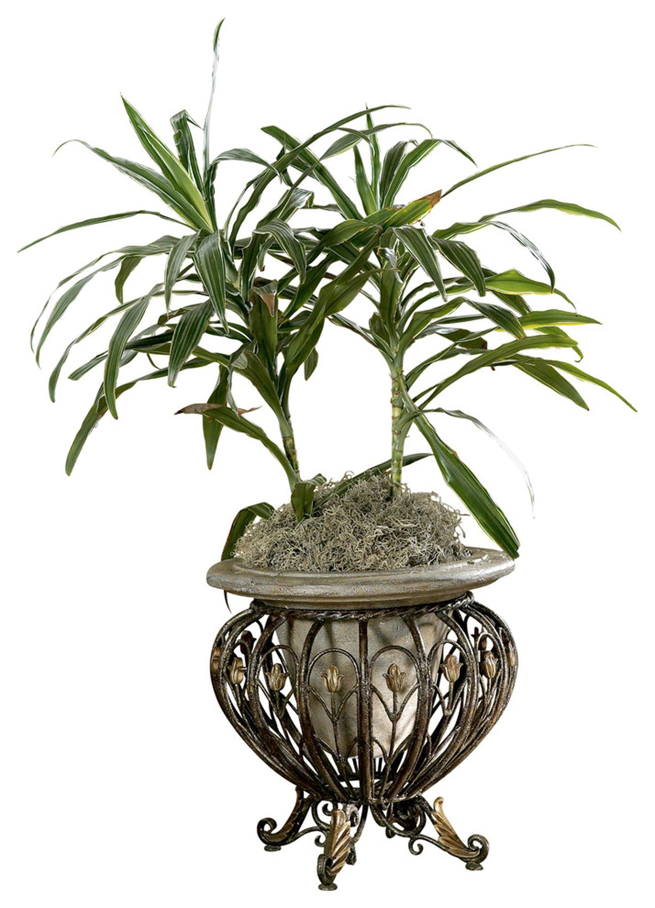 Heritage Brown Cast Stone and Metal Planter with Ornate Detailing