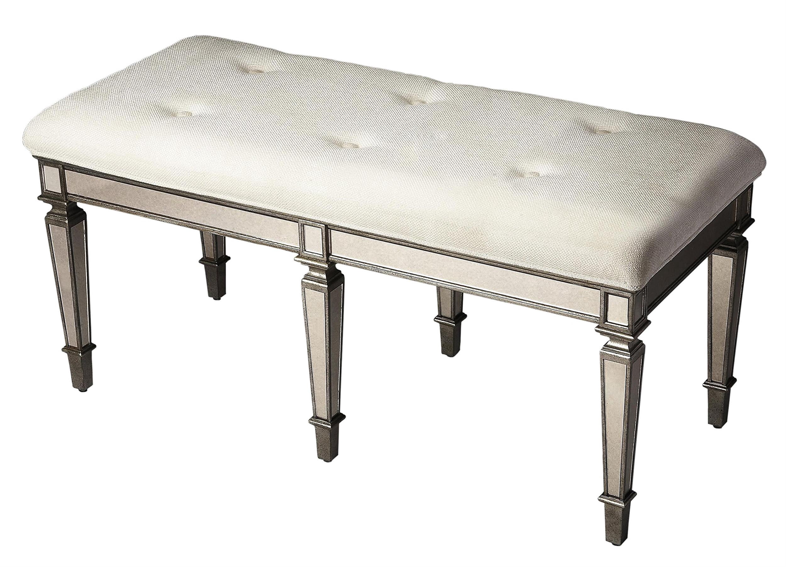 Butler Specialty Mirrored Tufted Bench, Ivory and Pewter, Transitional ...