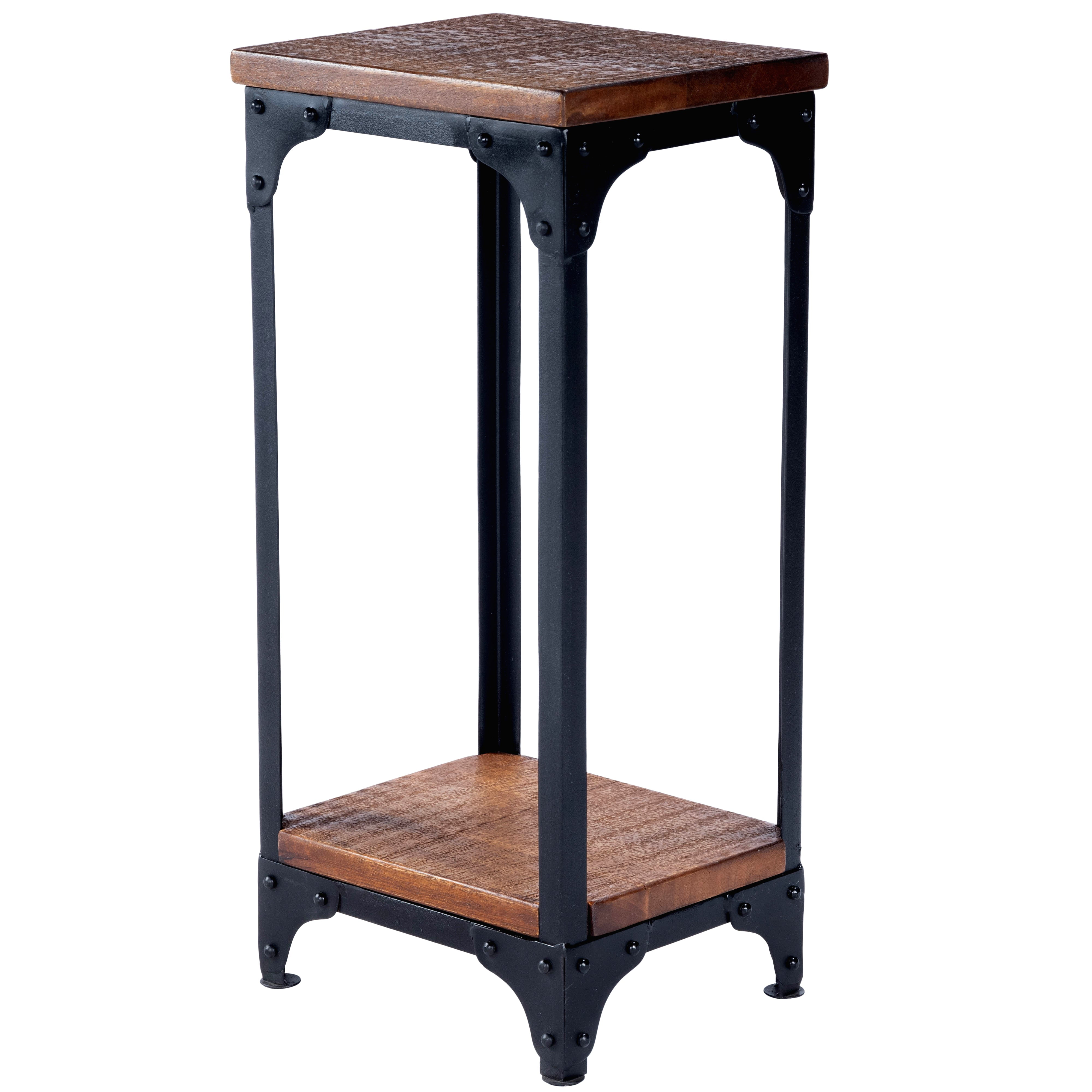 Rugged Acacia Wood & Black Iron Pedestal Stand, 29" Height