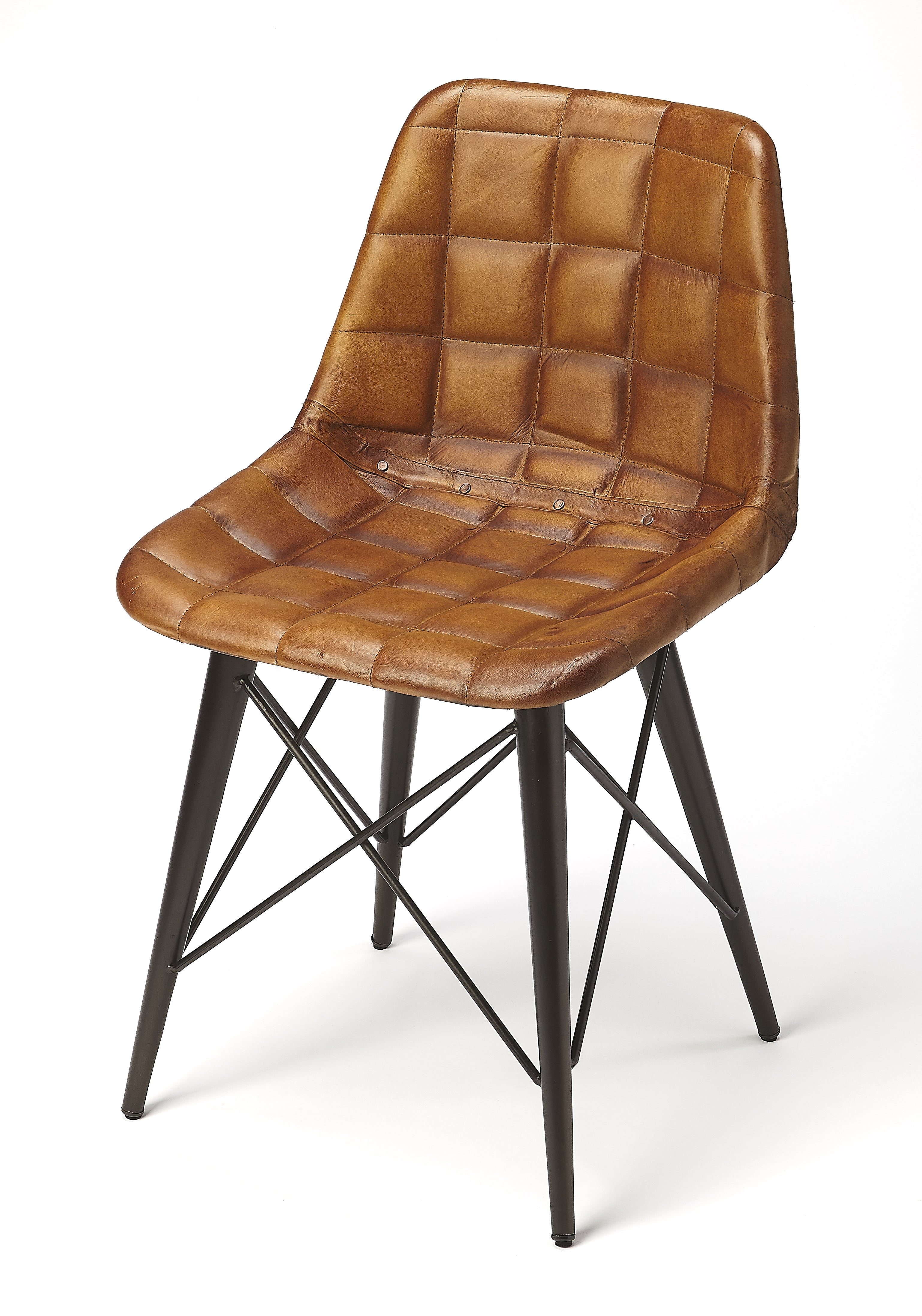 Modern Industrial Tapered Leg Leather Side Chair in Medium Brown