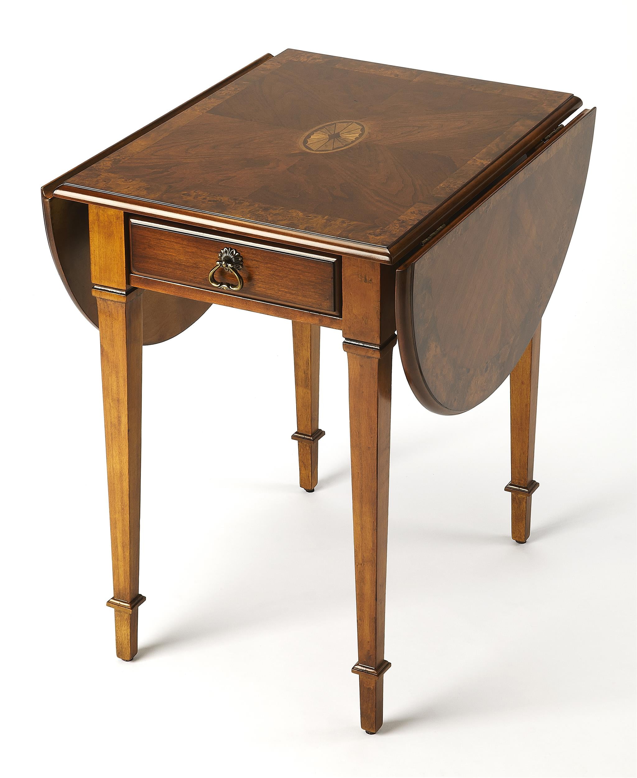 Olive Ash Burl Drop-Leaf Table with Antique Brass Hardware