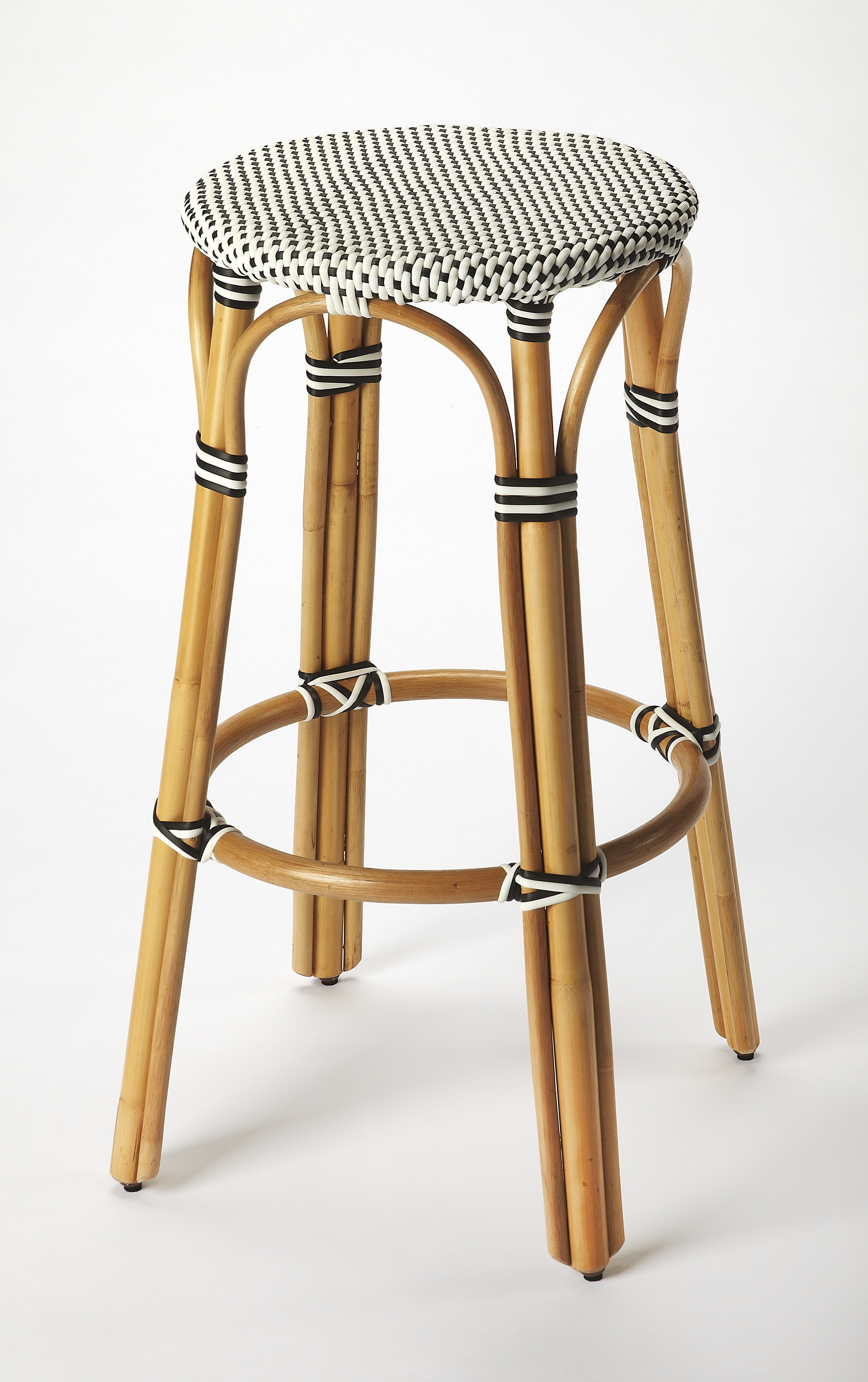 Chic Black & White Woven Rattan Bar Stool, 30" Height
