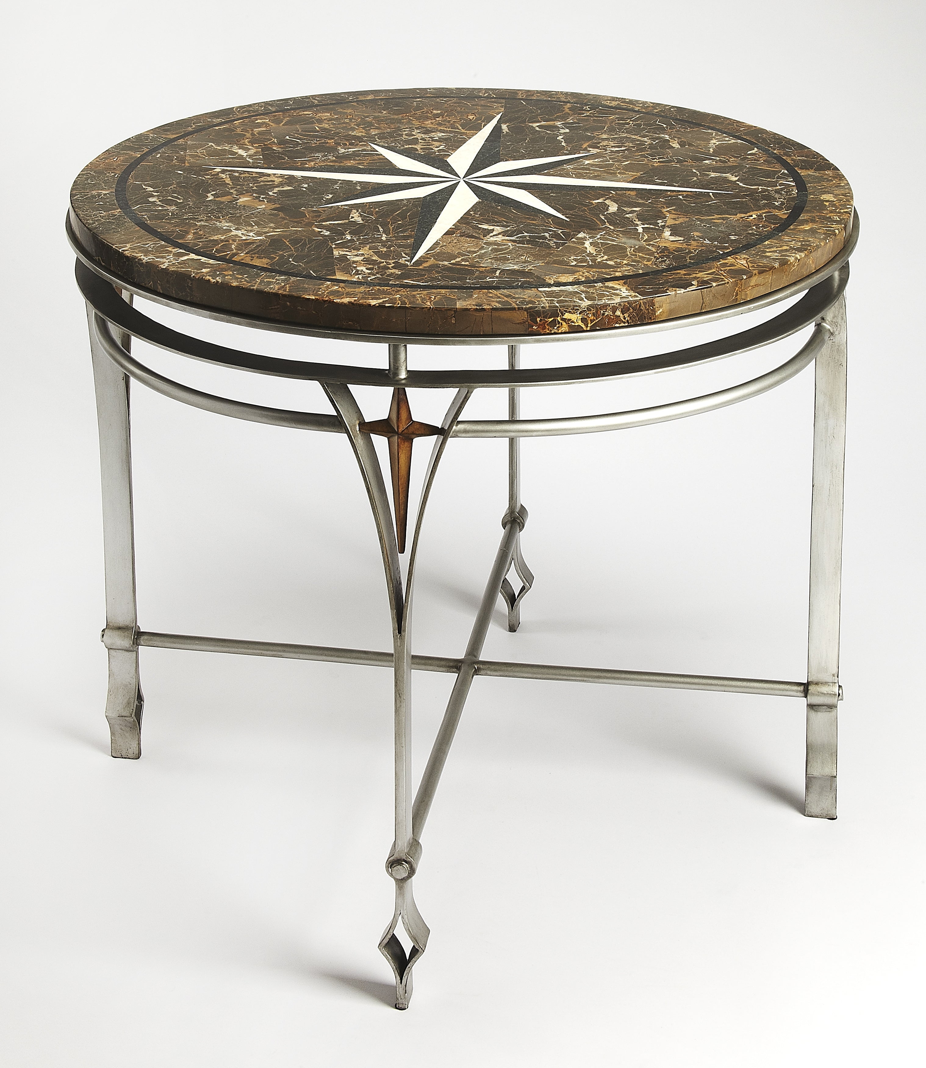 Elegant Round Fossil Stone & Wood 36" Foyer Table