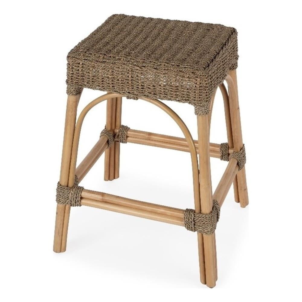 Khaki Brown Rattan and Mendong Grass Backless Counter Stool