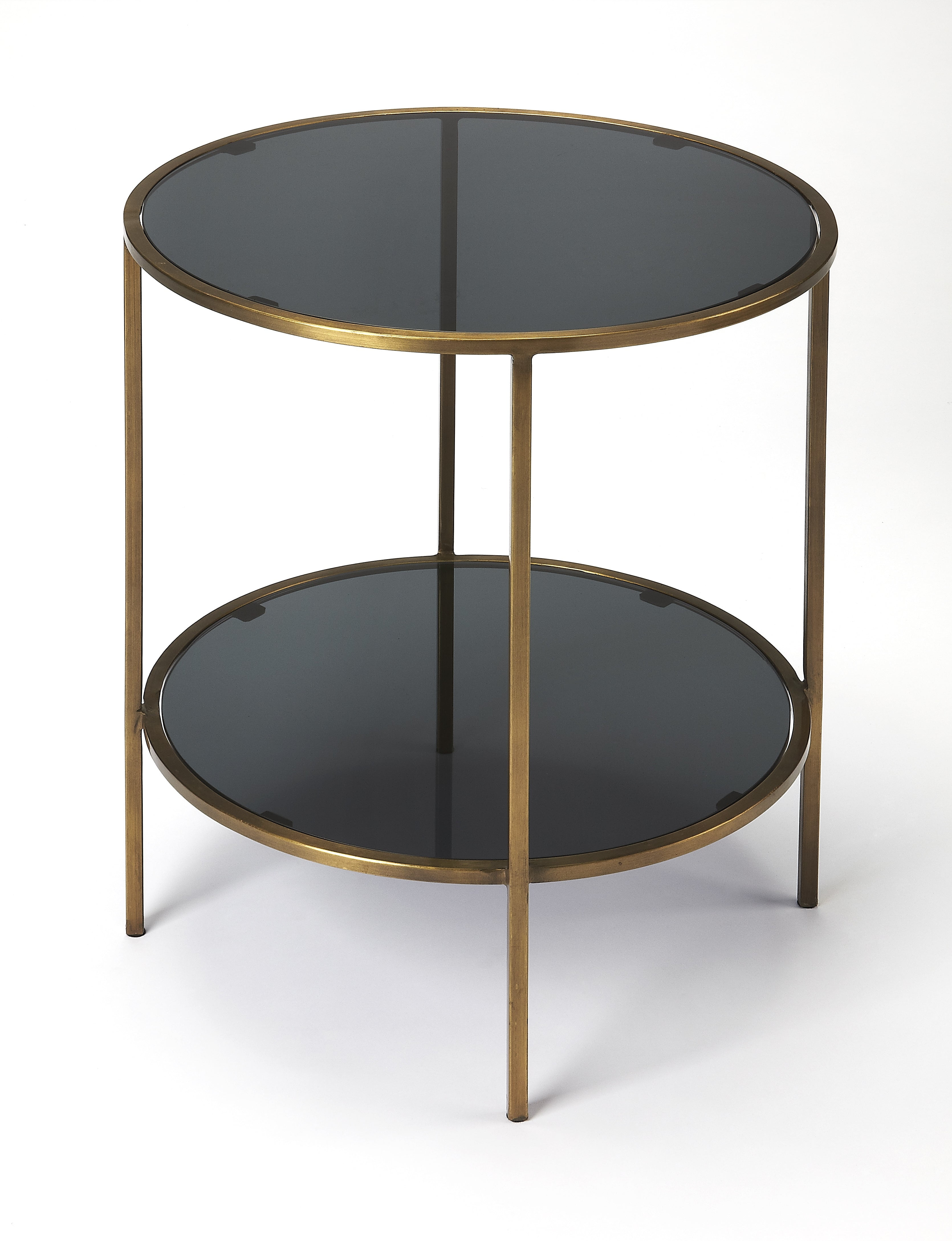 Roxanne 20" Round Antique Brass & Black Glass End Table