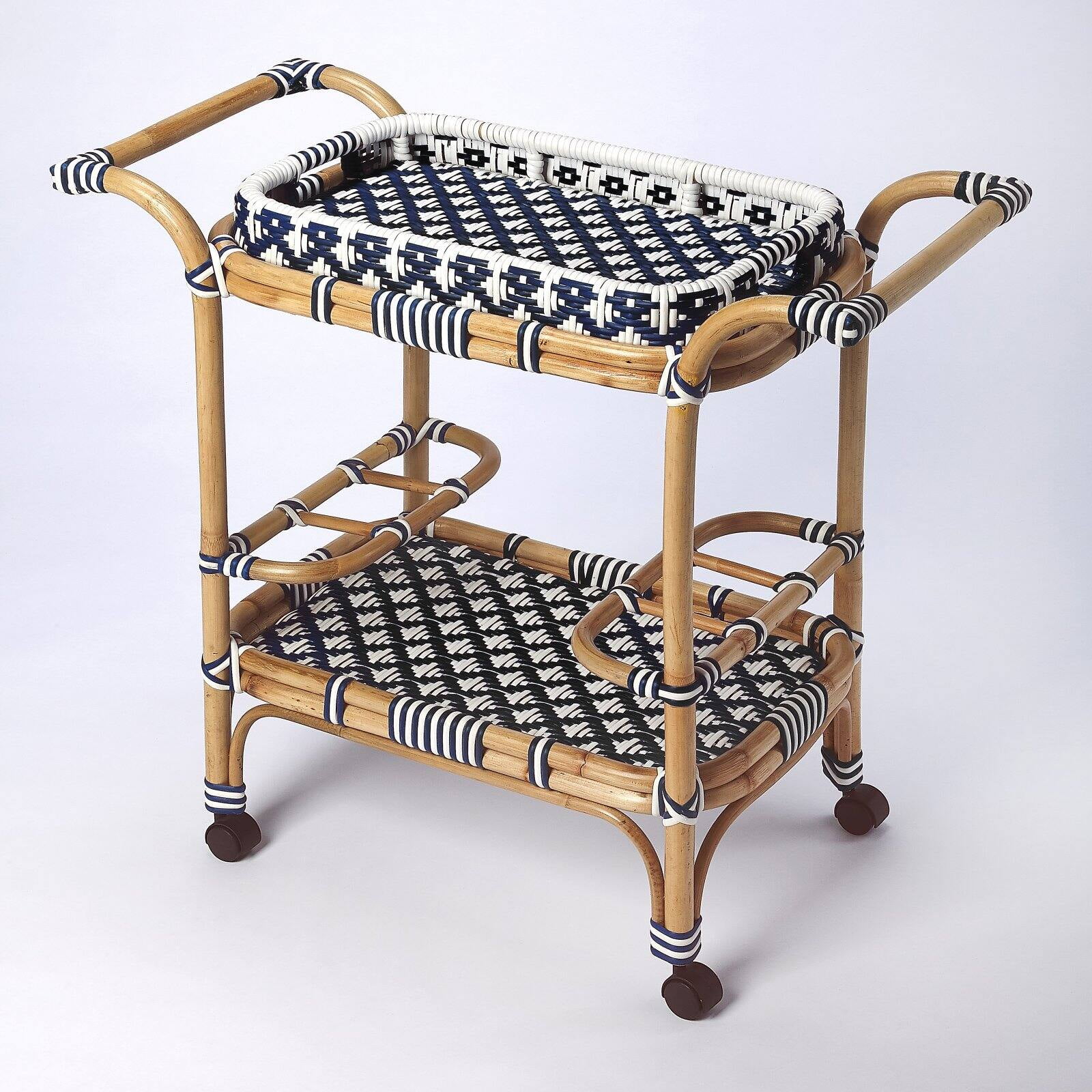 Selena Navy Blue & White Rattan Bar Cart with Wine Storage