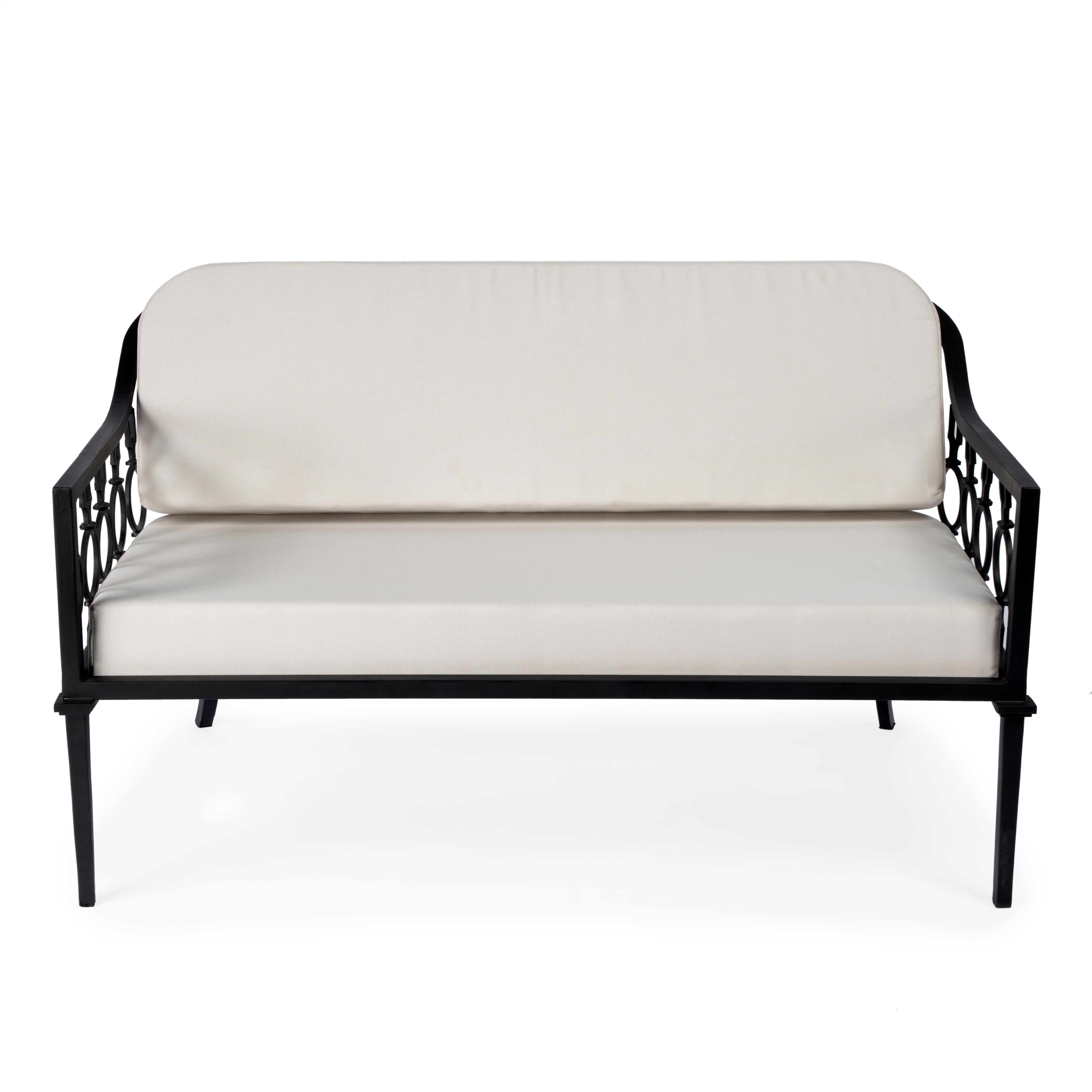 Southport White and Black Iron Upholstered Outdoor Loveseat