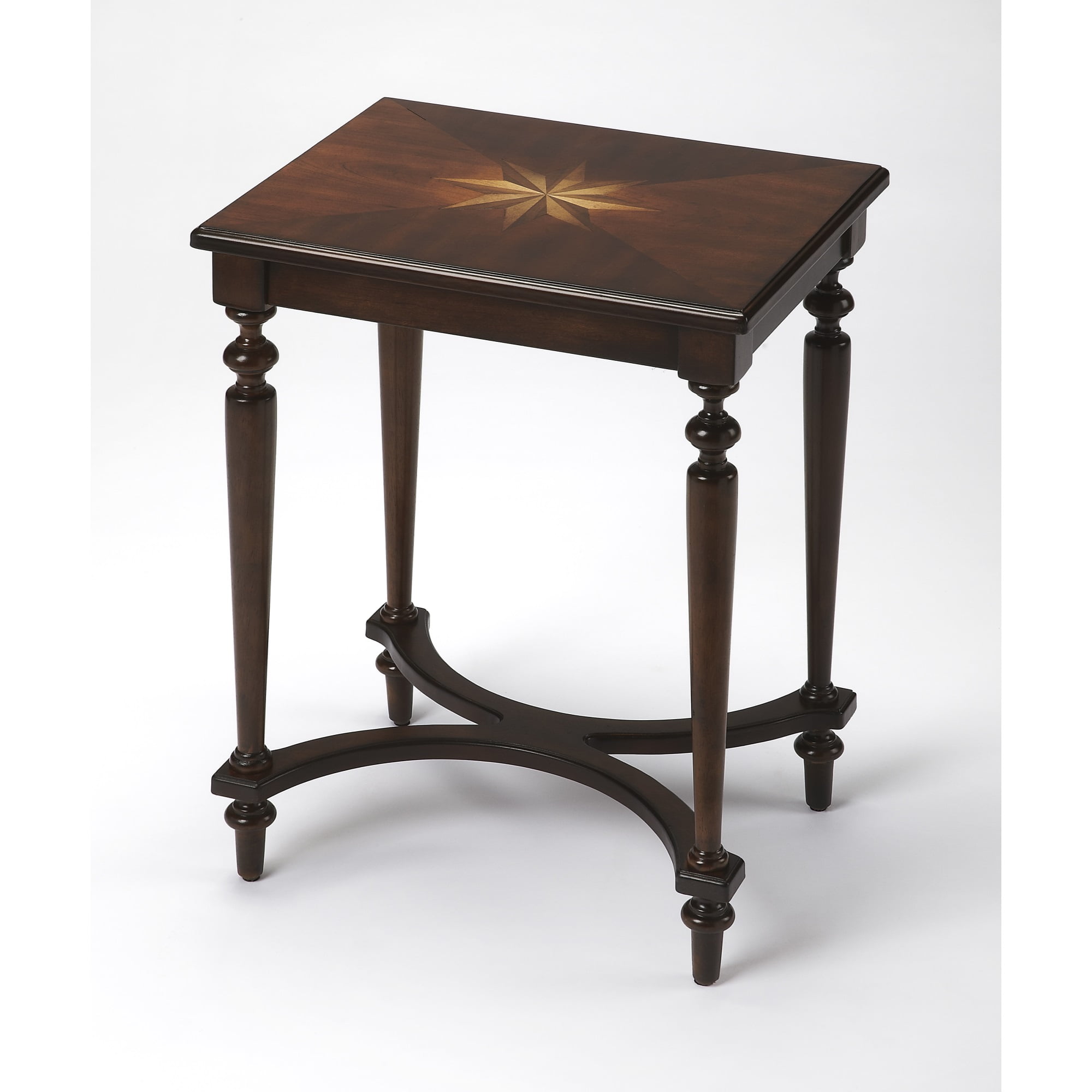 Cherry Wood Round Accent Table with Starburst Inlay