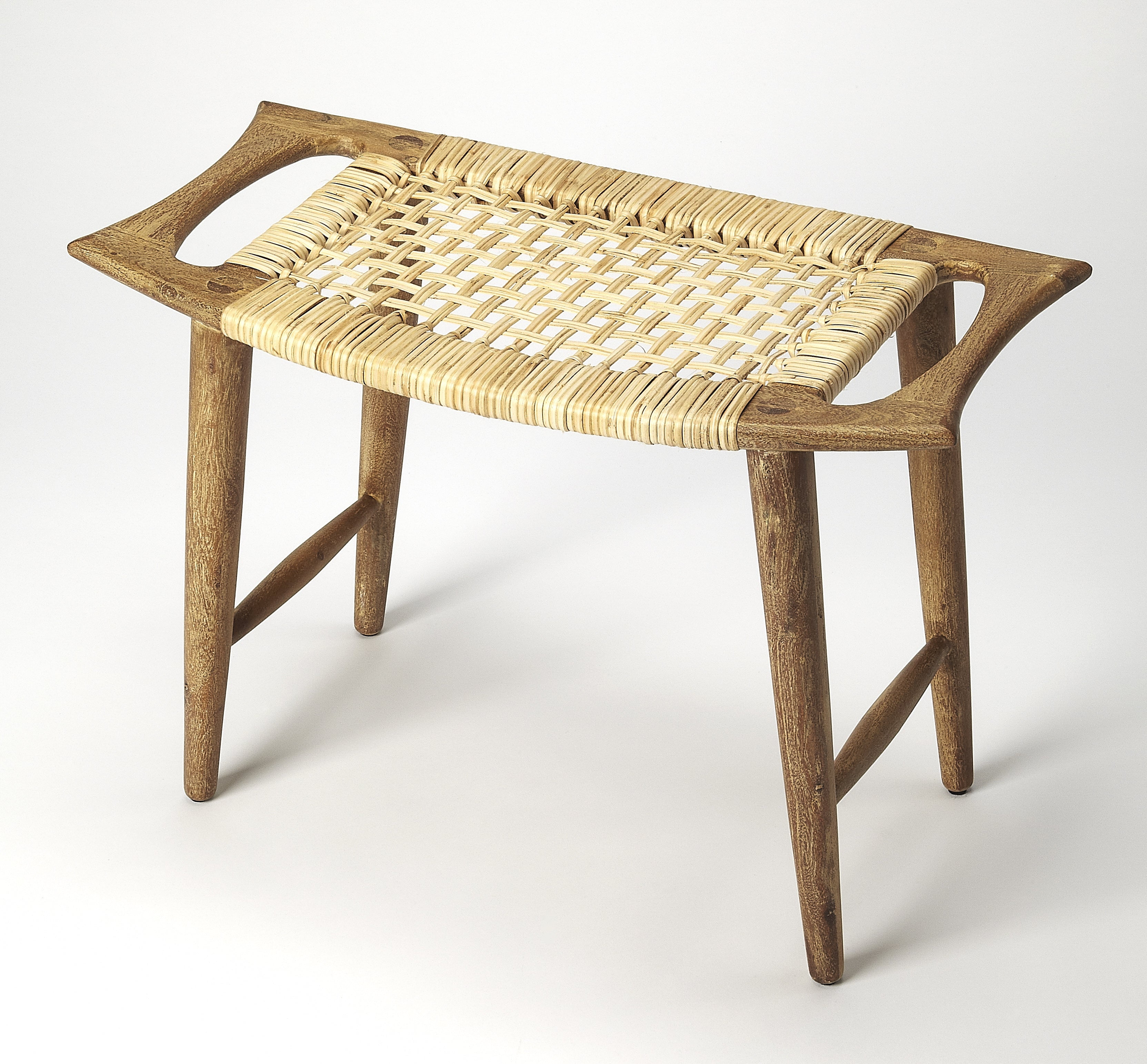 Natural Mango Wood and Woven Rattan Footstool