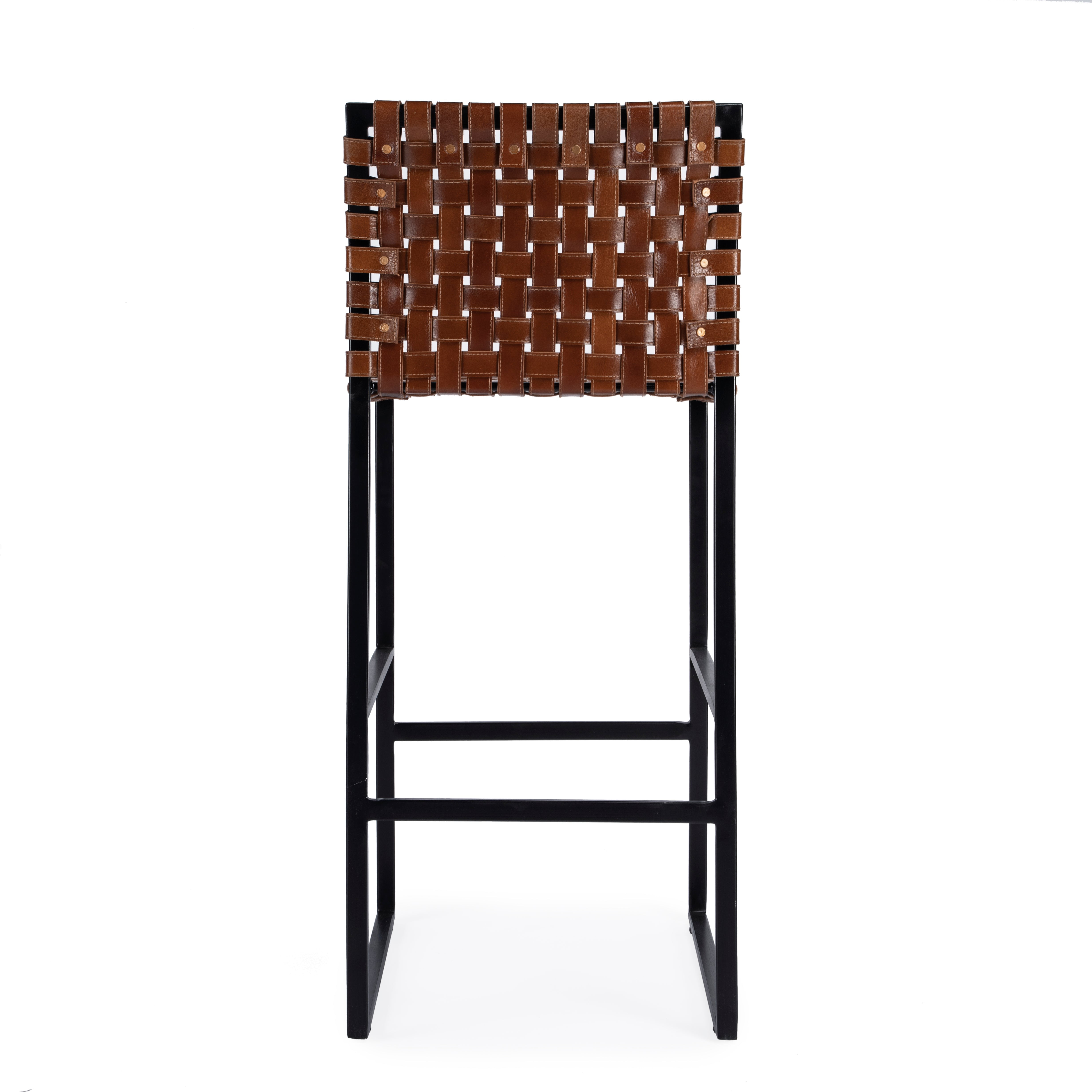 Urban Brown Woven Leather Bar Stool with Black Iron Base