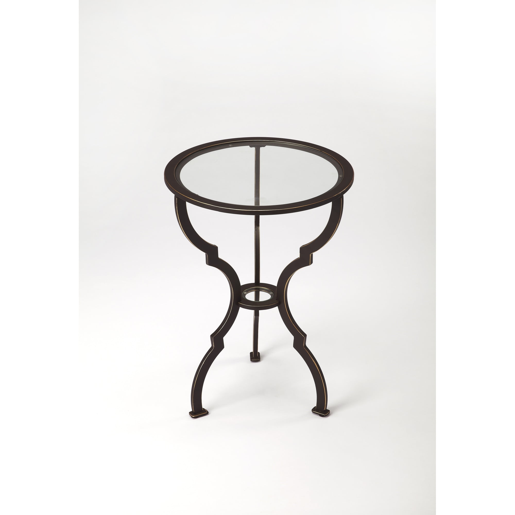 Arabesque Hourglass Black Metal and Glass Round Side Table