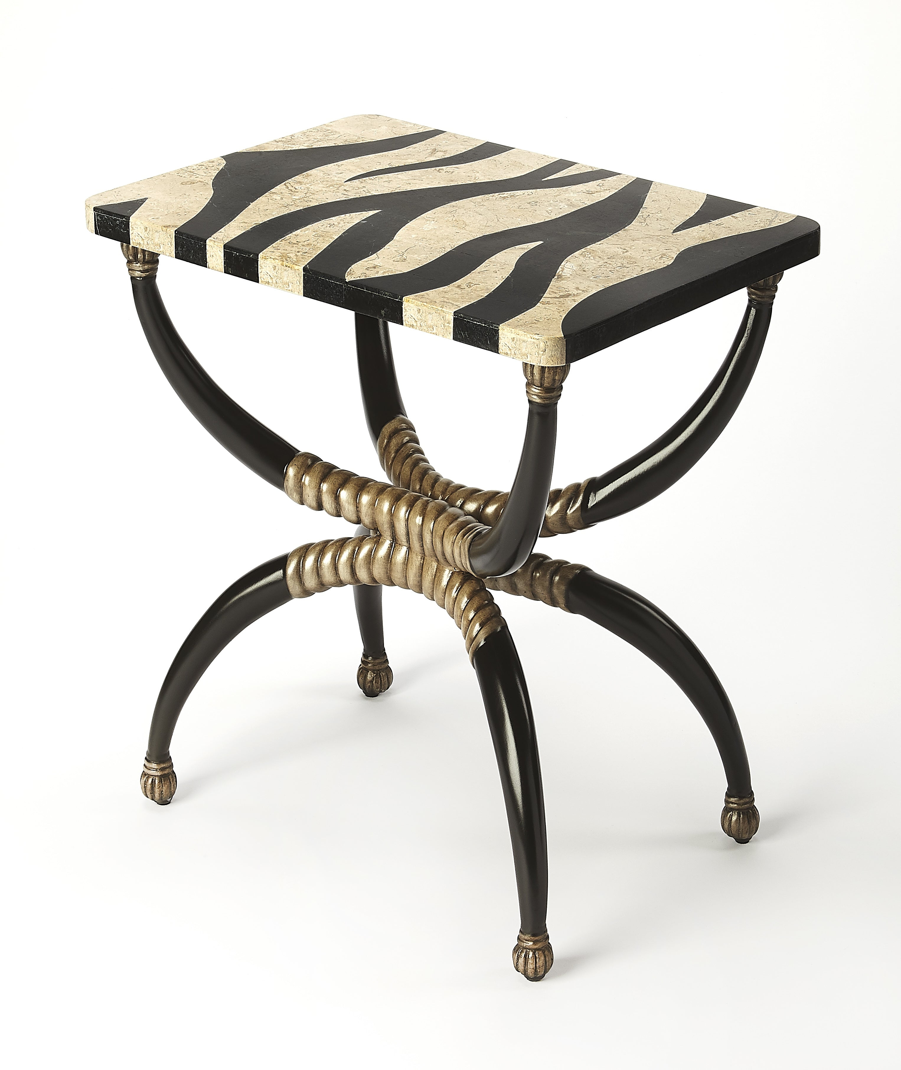 Safari-Inspired Zebra Fossil Stone Side Table with Brass Accents